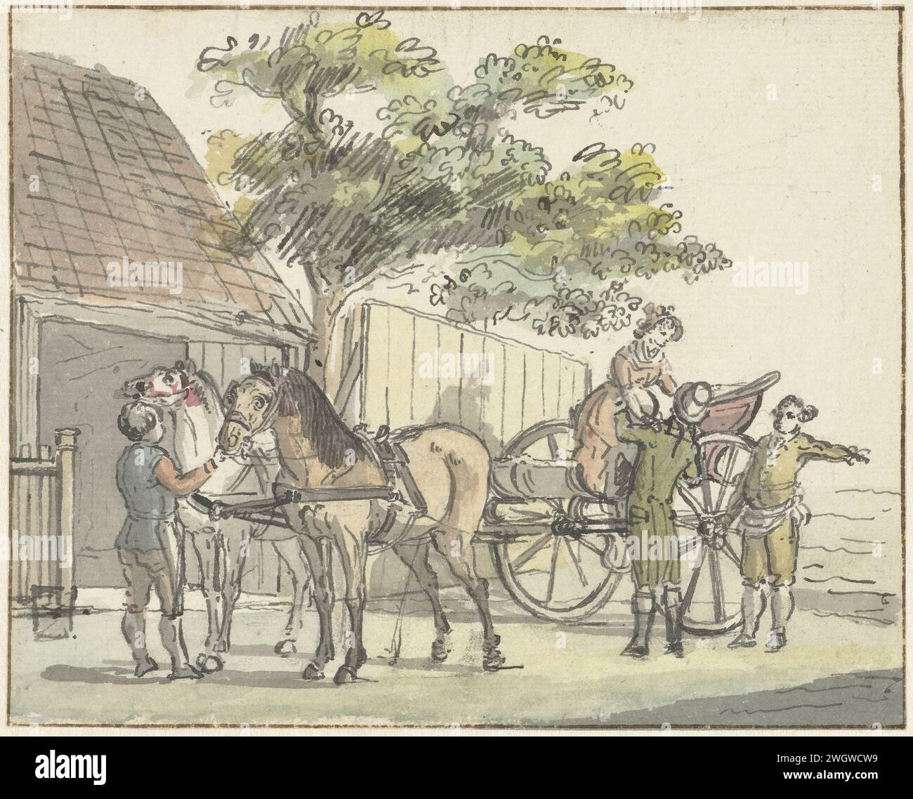 Voiture avec deux chevaux à l'Uitvolt de Donker Kuil près de Haarlem, Reinier Vinkeles (I), 1815 papier à dessin. encre. Aquarelle (peinture) pinceau / stylo véhicule à deux roues dessiné par deux animaux Haarlem Banque D'Images