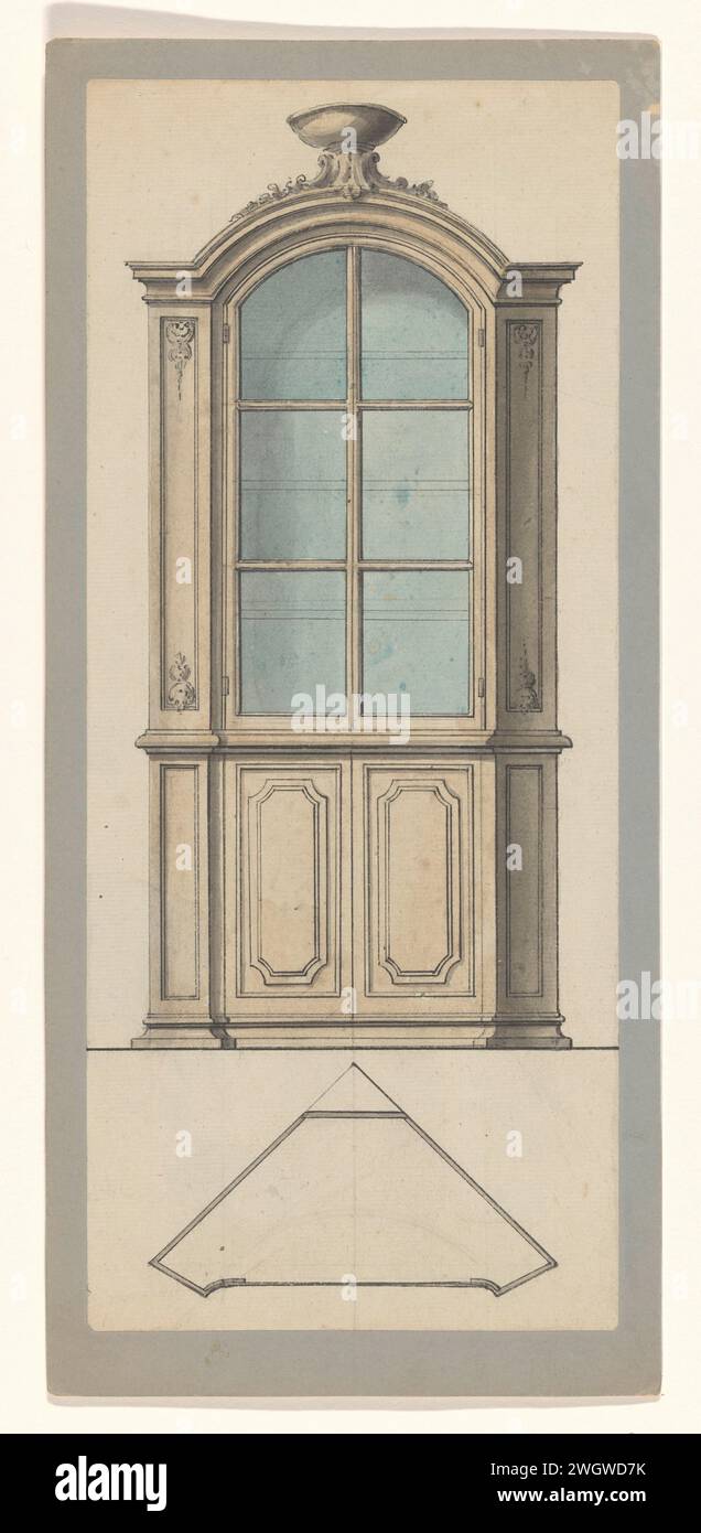 Dessin de conception Hoekbuffet, Guillaume Thomas Raphaël Taraval (possible), c. 1735 - c. 1750 dessin buffet de coin avec une armoire supérieure avec des étagères derrière des portes vitrées, couronné par une console sur laquelle se tient un bol, avec une section transversale par le haut. Paris (éventuellement) graphite (minéral). encre. brosse à carton Banque D'Images