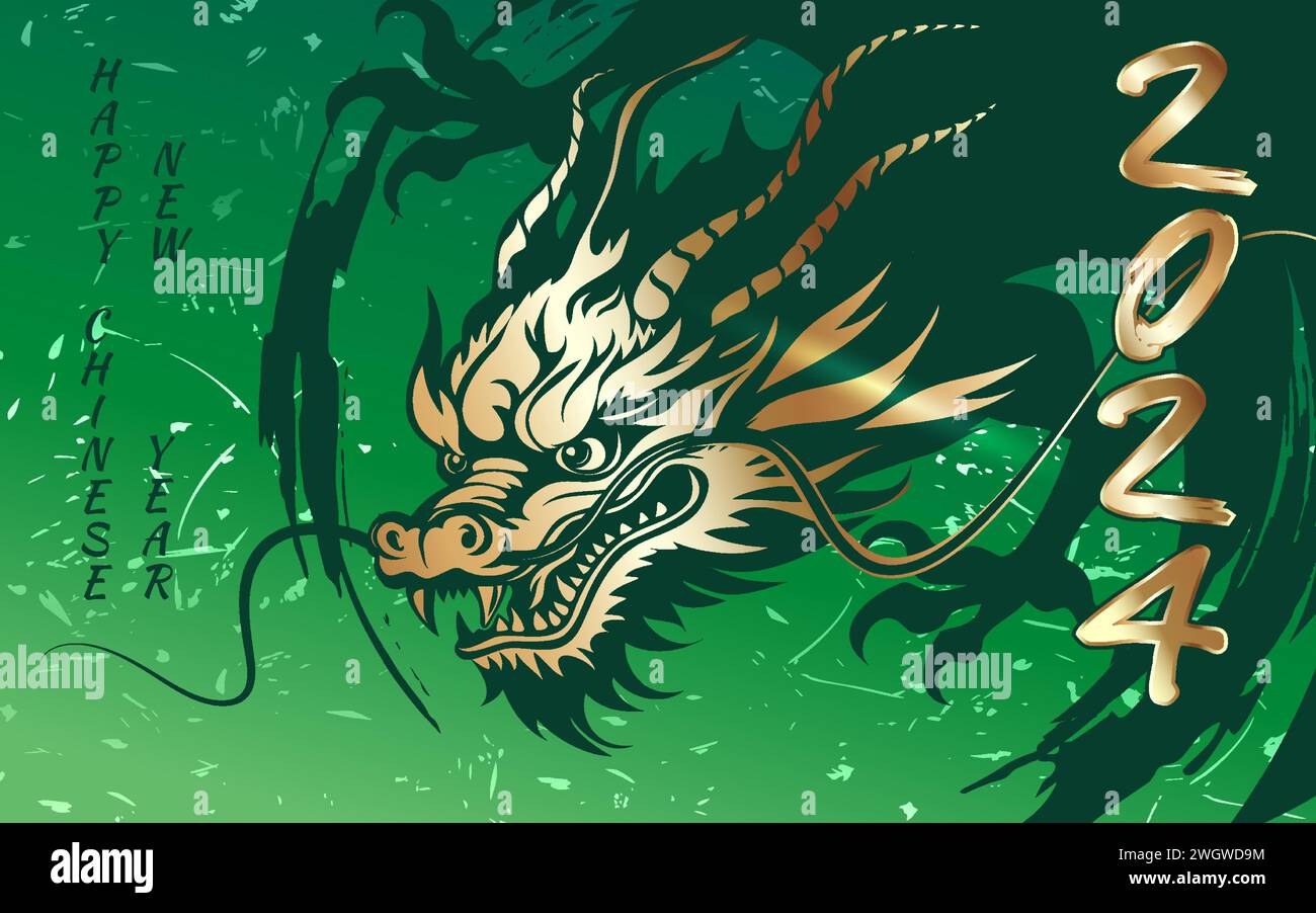 Golden Dragon, symbole de la célébration du nouvel an chinois 2024 sur fond vert. Signe du zodiaque Dragon. Image vectorielle. Illustration de Vecteur