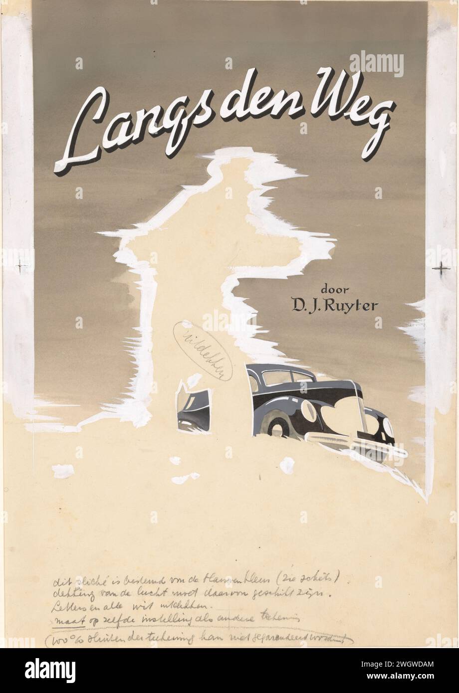 Conception de bande pour : D.J. Ruyter, le long de la route, 1941, dans ou avant 1941 dessin D'Une figure avec une circonférence floue se tient sur une colline devant une voiture. papier. aquarelle (peinture). peinture de pont. Inde encre (encre) stylo / brosse automobile. monticule, verge Banque D'Images