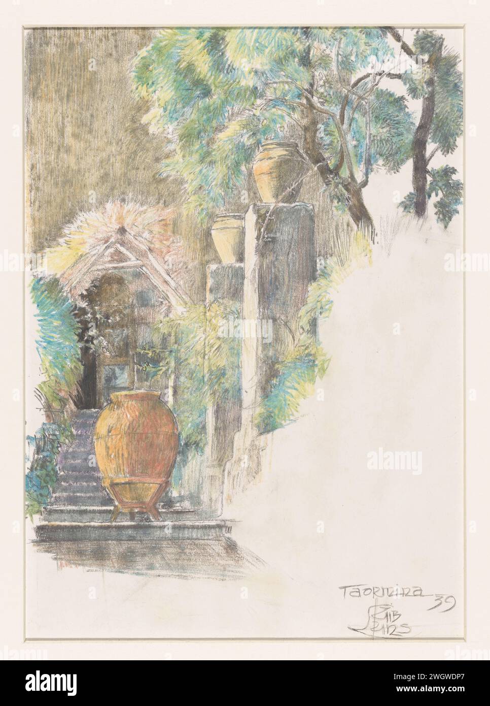 Escaliers dans le jardin à Taormina, Huib Luns, 1939 papier à dessin. Jardin de craie Taormina. Italie Banque D'Images