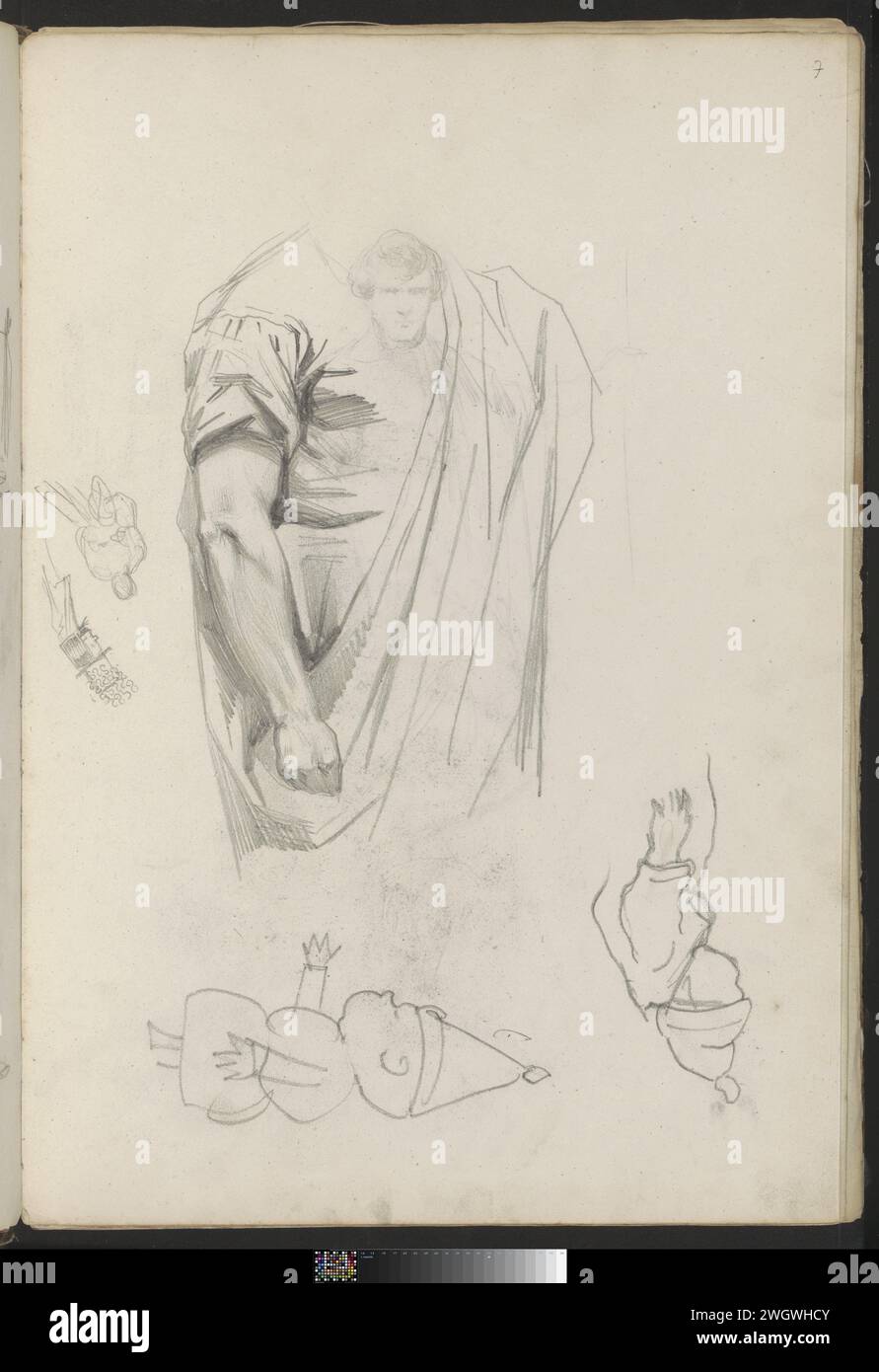 Feuille d'étude avec des figures (fantastiques), des vêtements et une tête, 1837 - 1881 page 7 recto d'un carnet de croquis avec 33 feuilles et 10 dessins séparés. papier. tête de crayon (humaine). vêtements, costume. coiffure : chapeau Banque D'Images