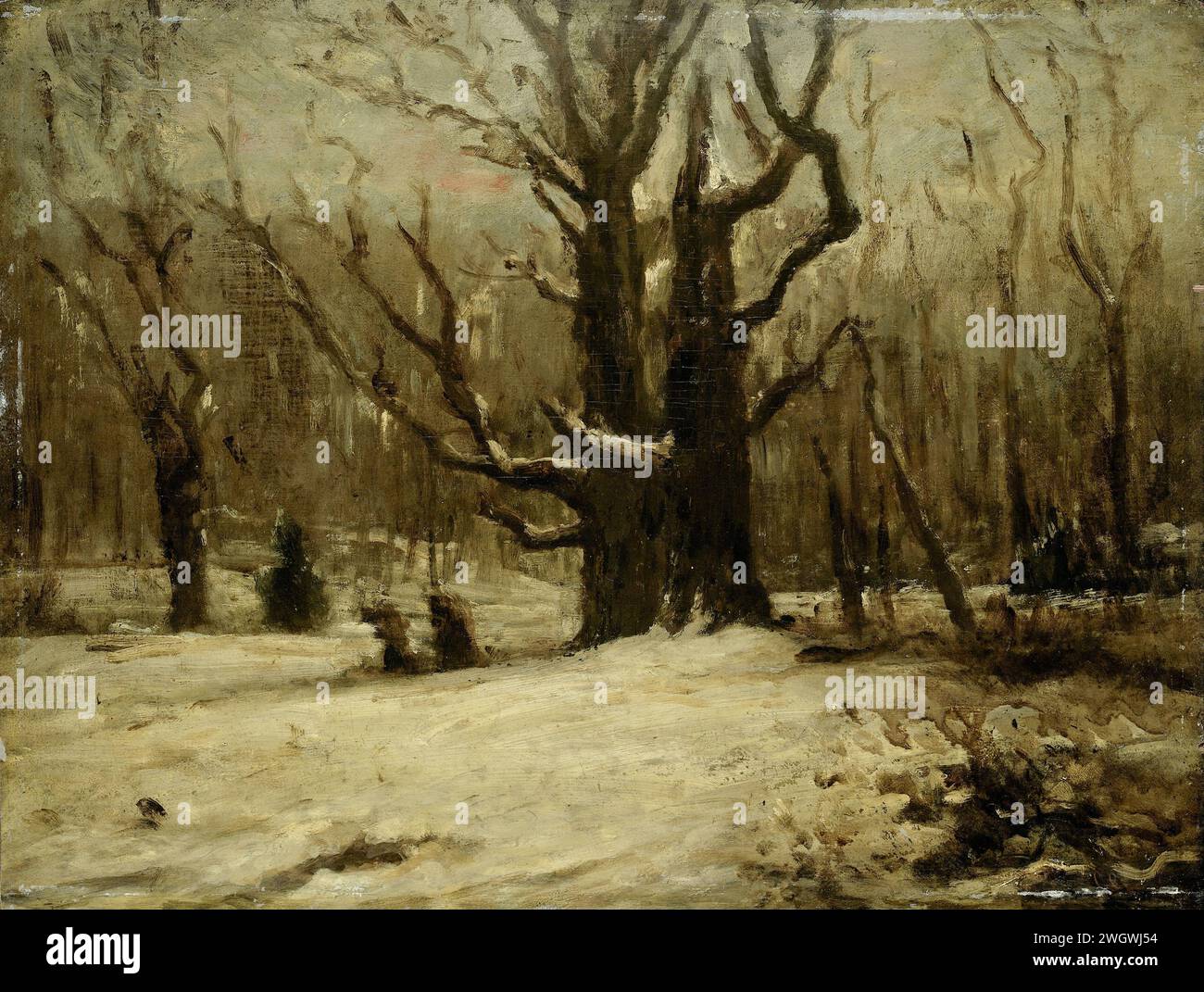 Paysage d'hiver, Gustave Courbet (attribué à), 1850 - 1877 peinture paysage d'hiver. Visage dans une forêt enneigée. toile. panneau. peinture à l'huile (peinture) peinture forêt, bois. neige Banque D'Images