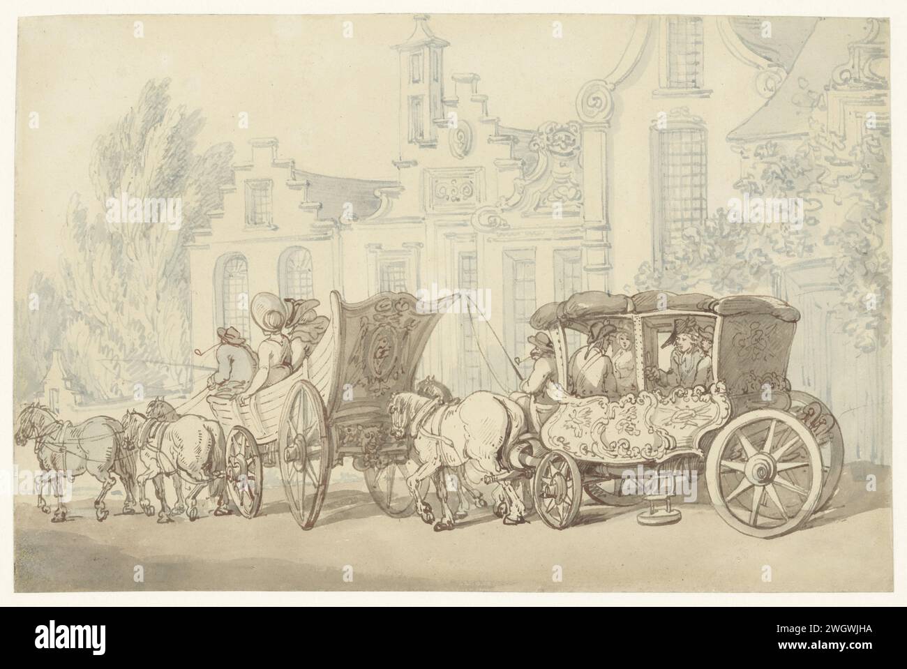 Voiture de voyage ouverte et calèche dans une rue quasi -hollandaise, Thomas Rowlandson, 1790 - 1827 papier à dessin. encre. craie / brosse à quatre roues, véhicule tiré par des animaux, par exemple : cabine, voiture, autocar Banque D'Images