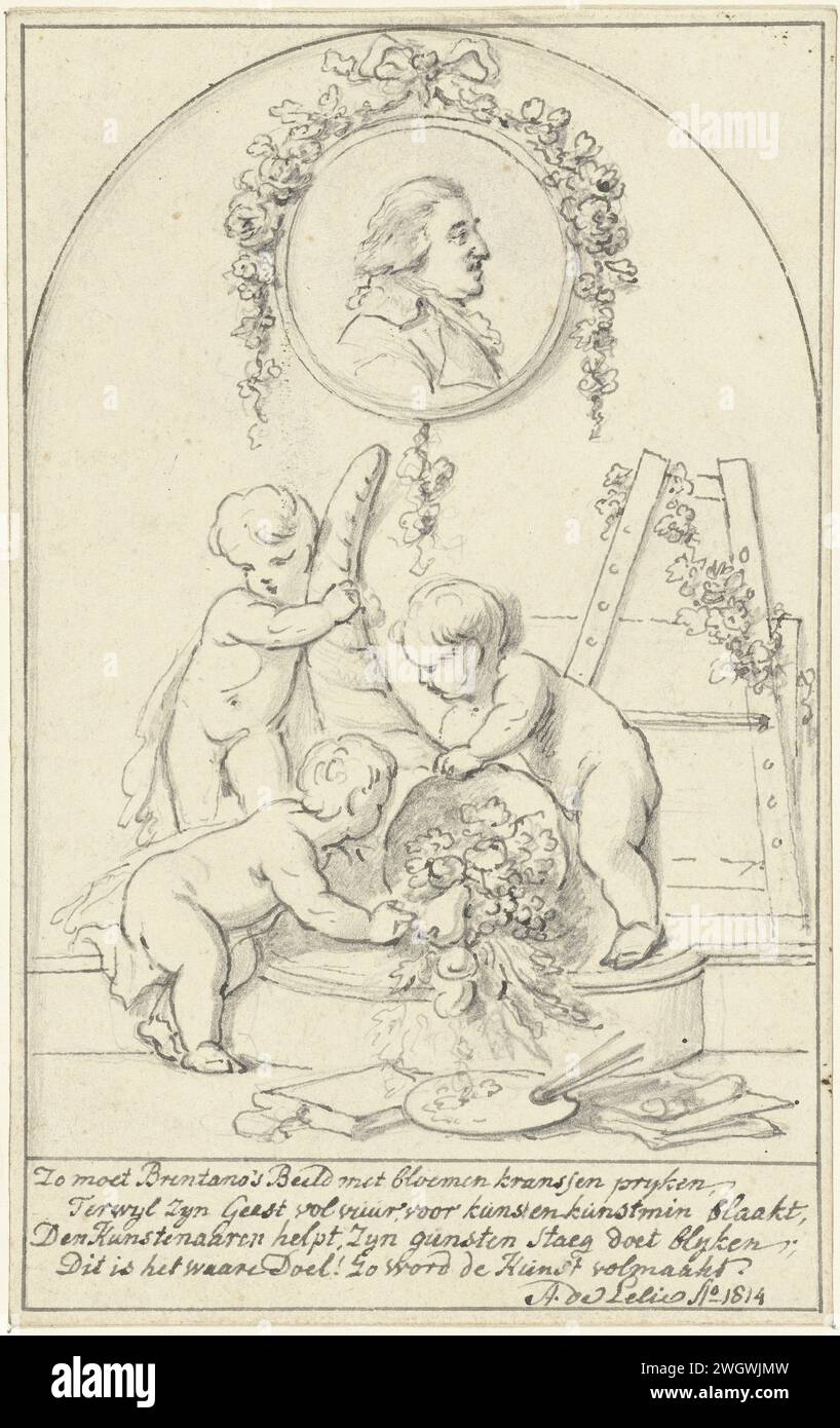 Design décoratif avec Putti avec Hoorn d'abondance avec un portrait de Josephus Augustinus Brentano, Adriaan de Lelie, 1814 papier à dessin. encre. stylo crayon personnages historiques Banque D'Images