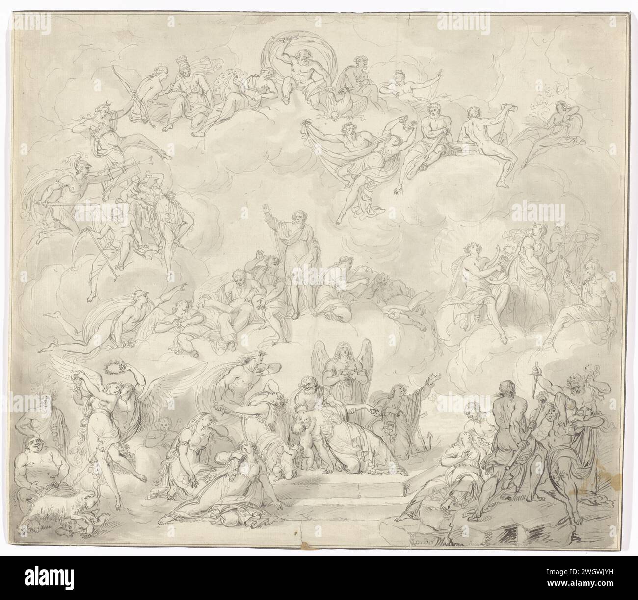 Apothéose d'un poète, 1673 - c. 1725 dessin apothéose d'un poète (au centre) entouré de figures allégoriques et de dieux antiques (ci-dessus). Italie papier. stylo à encre écrivain, poète, auteur. apothéose (ou ascension) des individus. Littérature. Les dieux Olympiens ensemble : Jupiter, Junon, Neptune, Cérès, Apollon, Diane, mars, Vénus, Mercure, Minerve, Vulcain, Vesta (ou Bacchus) Banque D'Images