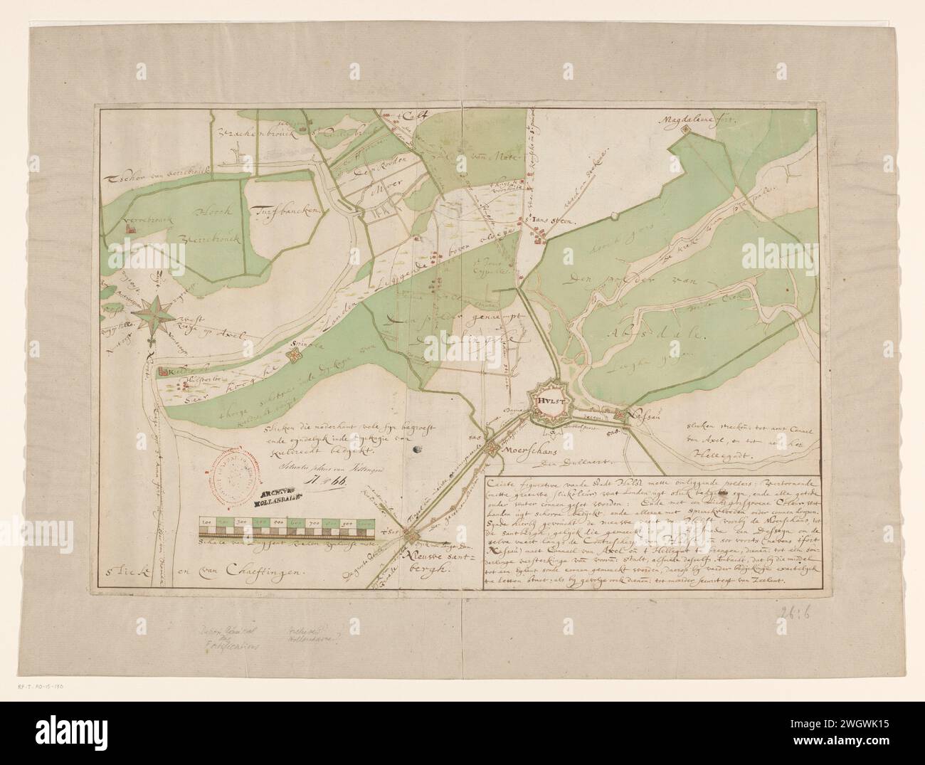 Carte de Hulst et des polders environnants, Anonyme, 1750 - 1795 dessin carte de Hulst et des polders environnants. En bas à gauche un bol : Duysent Rod Rhenten Rijnlantse Mate. En bas à droite le cartouche de titre. La couleur beige clair gris indique les zones d'hirondelle bedred, qui peuvent être inondées par toutes les marées. Les zones de couleur verte sont les marais salants de Bedijkte, qui ne peuvent être inondés que pendant les crues printanières. papier. cartes de plume / pinceau d'encre de pays ou régions distincts. Polder, terre récupérée Holly. Flandre néerlandaise Banque D'Images