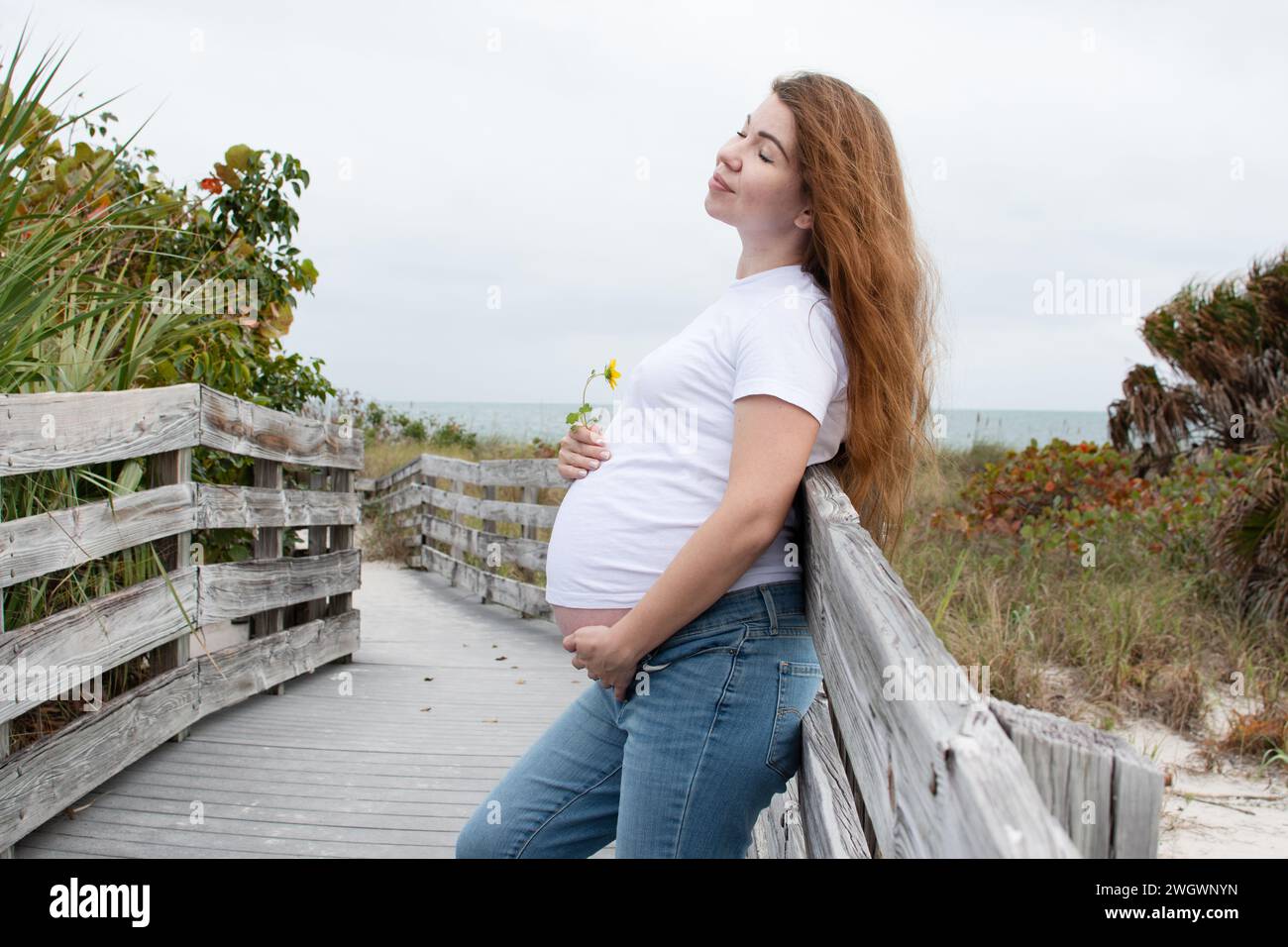 Heureuse femme caucasienne enceinte avec une fleur tenant sa bosse de bébé. Grossesse du troisième trimestre Banque D'Images