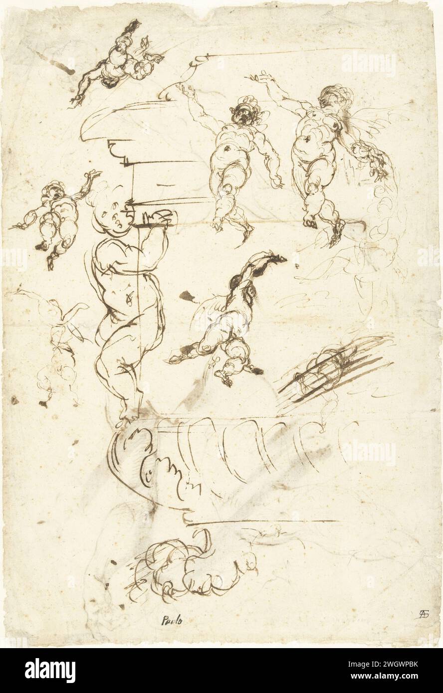 Croquis magazine avec un coin de boîte sur un pied de lion et divers putti, Cherubino Alberti (attribué à), 1563 - 1615 papier à dessin. stylo à encre Banque D'Images
