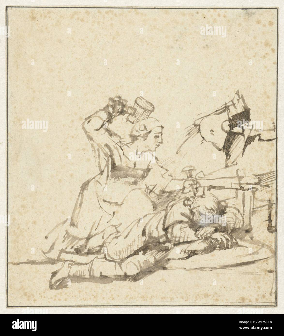 Jael Killing Sisera, Rembrandt van Rijn, c. 1658 - c. 1659 dessin papier Amsterdam. peinture de pont. Stylo à encre / pinceau Jael tue le Sisera endormi en frappant le clou à travers ses tempes. Jael tue Sisera endormie en frappant le clou à travers ses tempes Banque D'Images