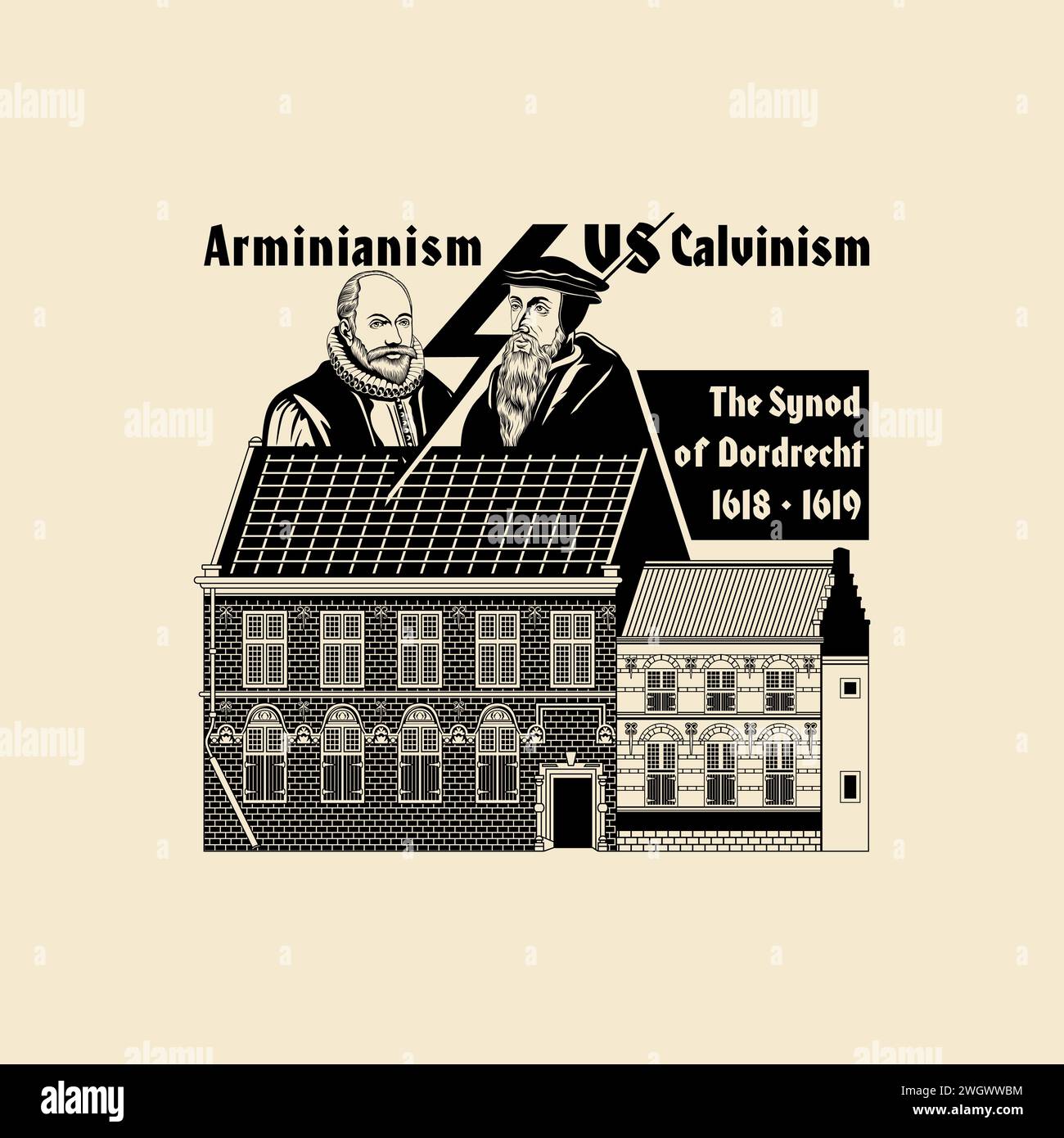 Réformé christian compris Synode dort de 1618. Arminians vs Calvinistes. Illustration de Vecteur