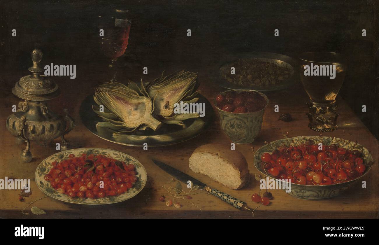 Nature morte à l'artichaut, fruit en porcelaine de Kraak, une cave à sel / poivre Castor, Osias Beert (I), c. 1605 - c. 1615 peinture nature morte avec des plats et des têtes de porcelaine chinoise dans laquelle fraises, cerises et mûres. Sur une assiette d'étain se trouve un artichaut coupé, à côté d'un couteau, un morceau de pain, deux verres et un sucrier en argent. En outre une mouche et un papillon. panneau. peinture à l'huile (peinture) denrées alimentaires ; nature morte des denrées alimentaires. fruits : cerise. fruits : fraise. légumes et fruits ; nature morte des légumes et des fruits. Légumes (avec NOM) Banque D'Images