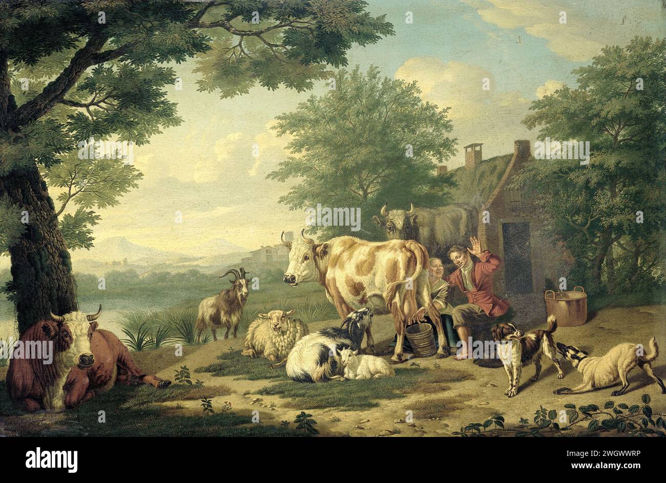 Temps de traite, Jan van Gool, 1710 - 1763 peindre l'heure du lait. Dans la cour devant une ferme, une femme de chambre du lait pulvérise du lait ludique sur le visage de l'homme assis à côté d'elle. Aux chiffres plus de bovins (vache, mouton, chèvre) et deux chiens de jeu. Paysage avec un lac et des montagnes sur la gauche. panneau. peinture à l'huile (peinture) traite. serveuse à lait Banque D'Images