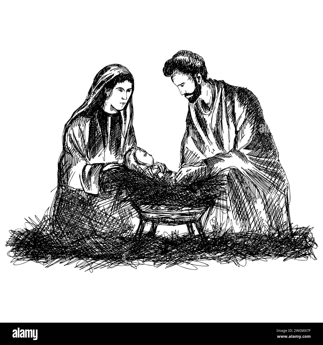 Scène de la Nativité. Dessinés à la main Marie et Joseph dans une étable avec l'enfant Jésus. Illustration de Vecteur
