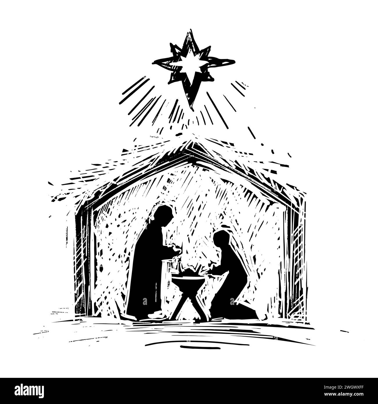 Scène de la Nativité. Dessinés à la main Marie et Joseph dans une étable avec l'enfant Jésus. L'étoile de Bethléem brille d'en haut. Illustration de Vecteur