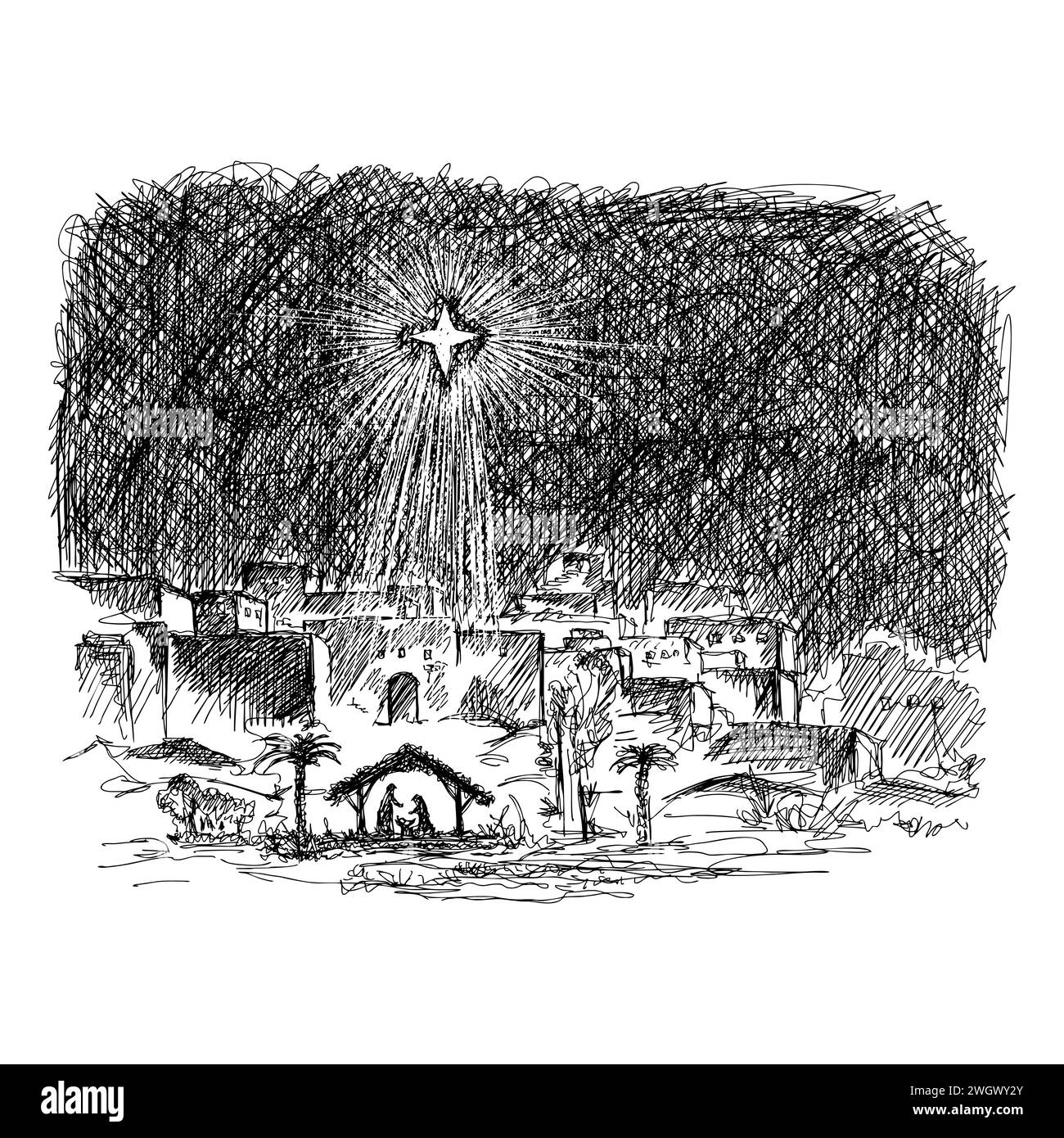 Illustration de l'effet vectoriel. Étoile sur Bethléem. Marie, Joseph et le bébé Jésus dans l'écurie. Illustration de Vecteur