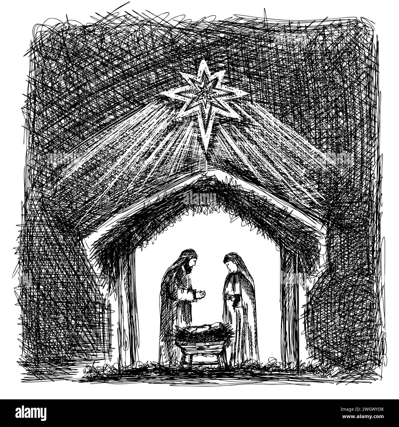 Scène de la Nativité. Dessinés à la main Marie et Joseph dans une étable avec l'enfant Jésus. L'étoile de Bethléem brille d'en haut. Illustration de Vecteur