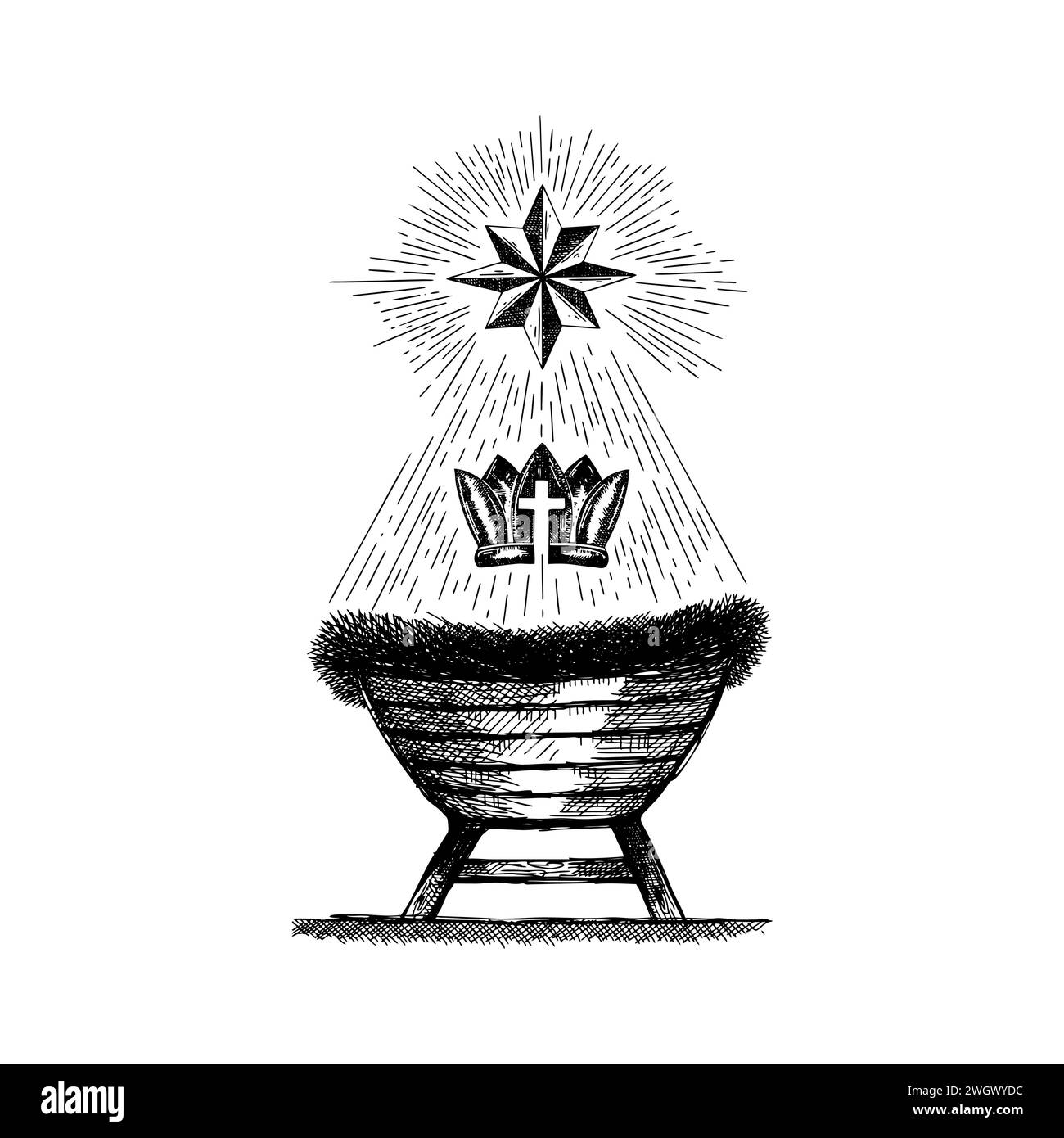 Scène de la Nativité. Une mangeoire dessinée à la main pour le bébé Jésus. Étoile de Bethléem et couronne du roi des cieux. Illustration de Vecteur