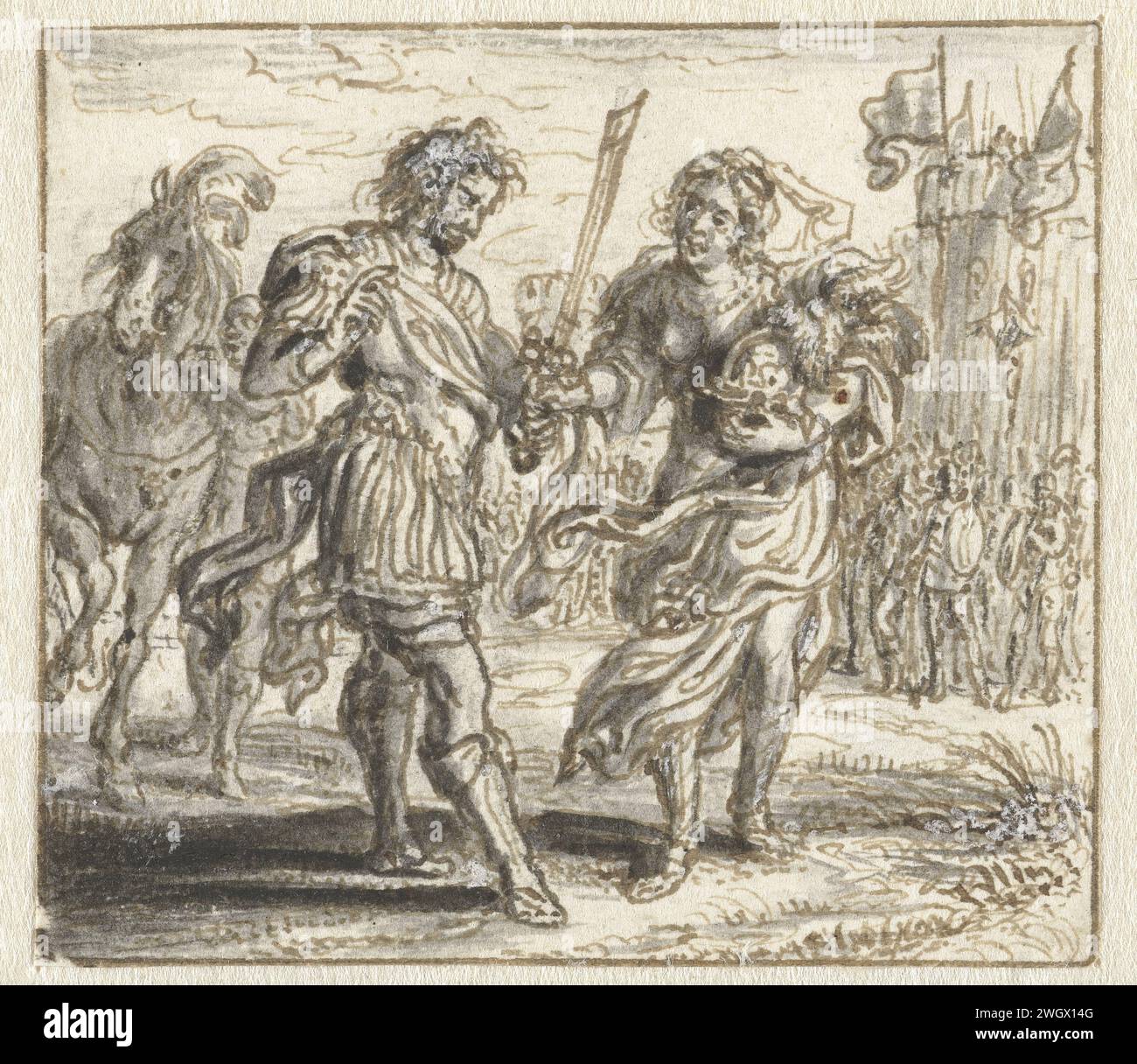 Andromache prend congé de Hector, Adriaen Pietersz van de Venne, v. 1634 dessin Design pour une impression. papier. peinture de pont. Stylo à encre / pinceau armement d'Hector ; Andromache, Priam et d'autres l'implorent de ne pas se battre. Adieu d'Hector à sa femme Andromache et à son jeune fils Astyanax. (Scènes de) œuvres littéraires spécifiques (avec AUTEUR, titre) Banque D'Images