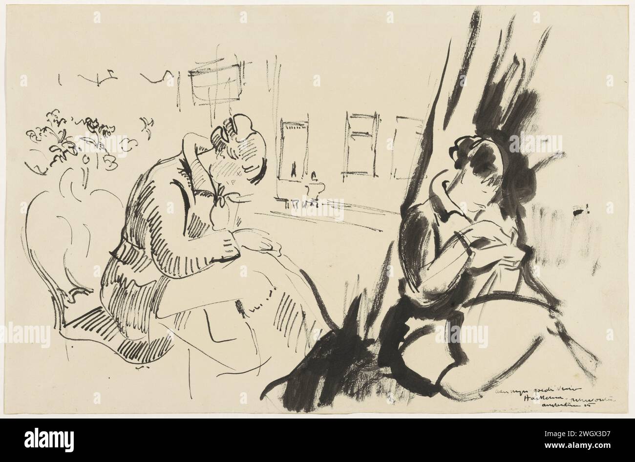 Études d'une femme assise, couturière, Rik Wouters, 1915 papier à dessin. stylo à encre / pinceau coudre Banque D'Images