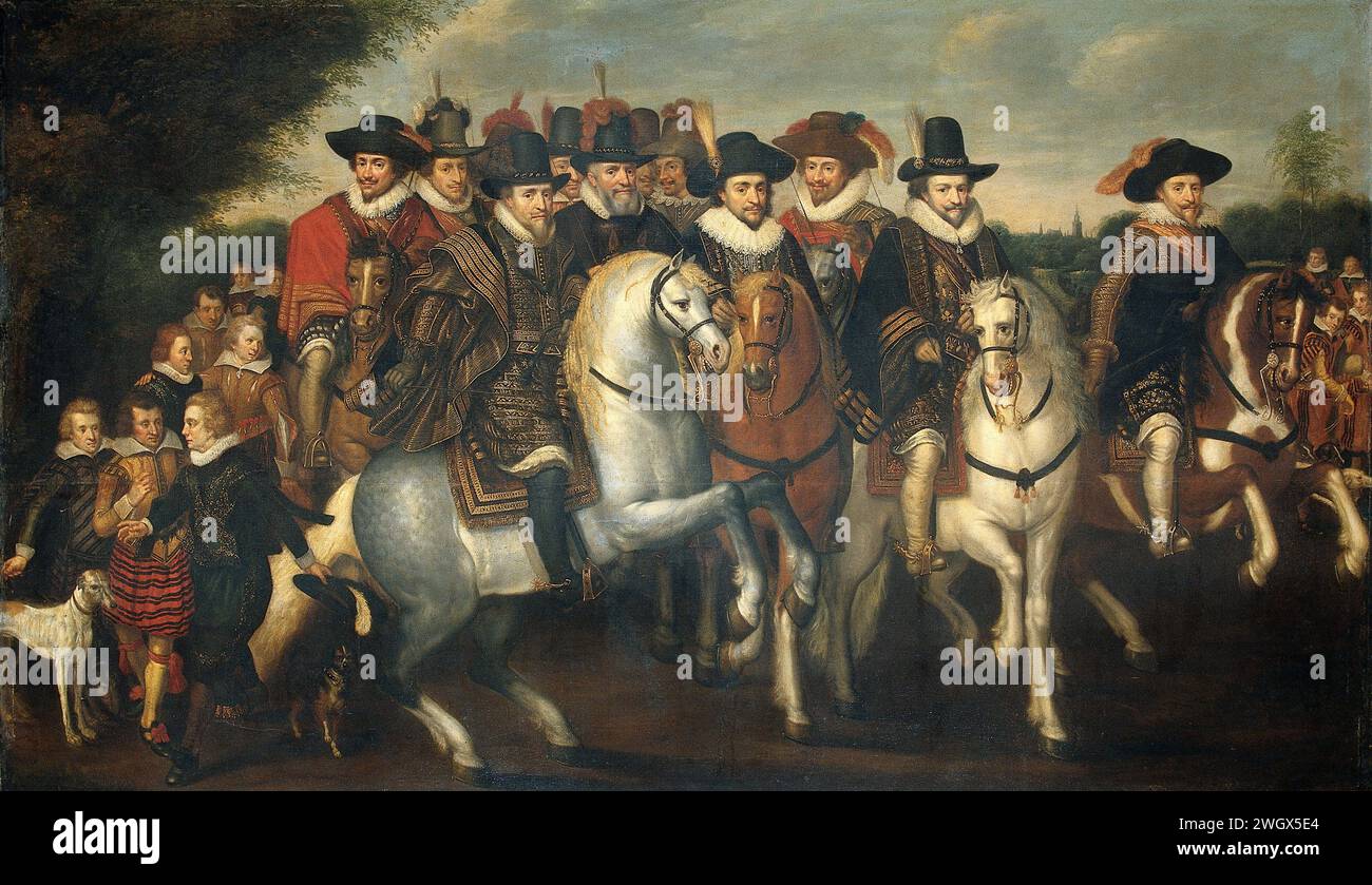 Prince Maurice accompagné de ses deux Frères, Frédéric V, électeur Palatin, et comtes de Nassau à cheval, Adriaen Pietersz van de Venne (disciple de), c. 1625 peignant Prince Maurits accompagné de ses deux frères, Frédéric V du Palatinat et quelques tombes de Nassau à cheval. Sont présentés dans la première rangée, de gauche à droite : Maurits (1567-1625), Prince d'Oranje, Frederik V (1596-1632), électeur des Paltes, Philips Willem (1554-1619), Prince d'Orange et Frederik Hendrik (1584-1647), Prince d'Orange. Au deuxième rang, dont Willem Lodewijk (1560-1620), comte de Nassa Banque D'Images