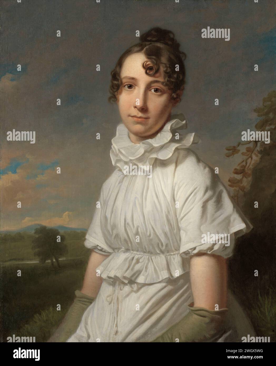 Portrait d'Emma Jane Hodges, Charles Howard Hodges, v. 1810 peinture Portrait d'Emma Jane Hodges, fille du peintre Charles Howard Hodges. Assis, à mi-chemin, pour un paysage. toile. Peinture à l'huile (peinture) personnes historiques - BB - femme Banque D'Images