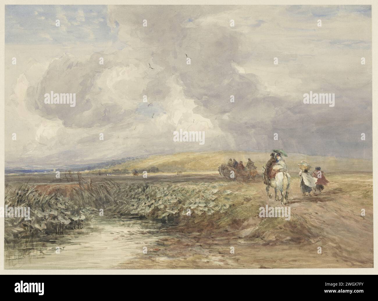 Paysage avec des voyageurs, David Cox (I), 1793 - 1859 dessinant des marcheurs, des cavaliers et une voiture dans un paysage venteux (pays de Galles du Nord). papier. aquarelle (peinture). pinceau de crayon pays de basse colline (+ paysage avec des chiffres, personnel). « en route », voyageur en route vers le nord du pays de galles Banque D'Images