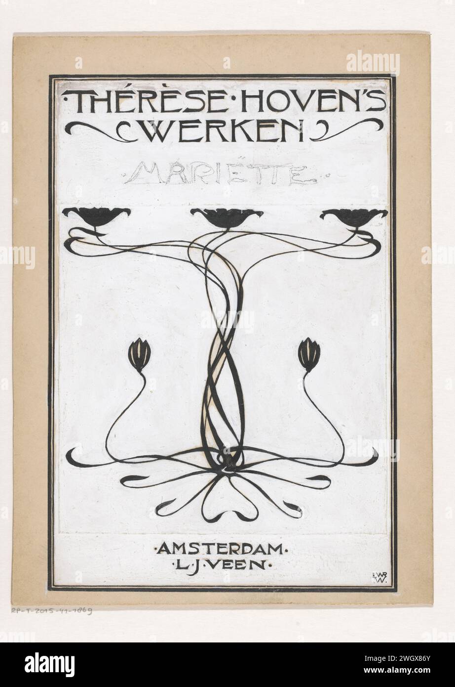 Création de bandes pour : Thérèse Hoven, Mariëtte, 1898, Willem Wenckebach, en 1898 ou avant dessin création de cinq fleurs stylisées dont les tiges en forme de lignes courbes se chevauchent en un motif lisse. carton. papier. Encre de Inde (encre). peinture de pont. Stylo crayon / pinceau fleurs  ornement - AA - stylisé Banque D'Images