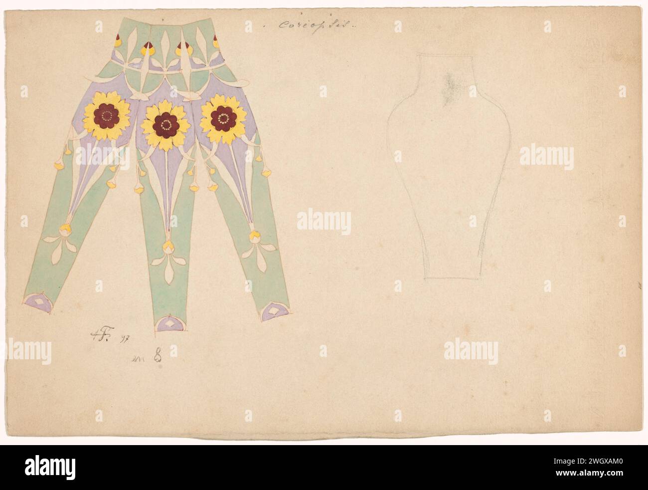 Trois segments d'un vase peints de coréopsis stylisé avec un croquis du vase du vase, Anatole-Alexis Fournier, papier de Sèvres de 1897. aquarelle (peinture). encre. graphite (minéral) stylo récipient de céramique : pot, cruche, pot, vase. fleurs  ornement Banque D'Images