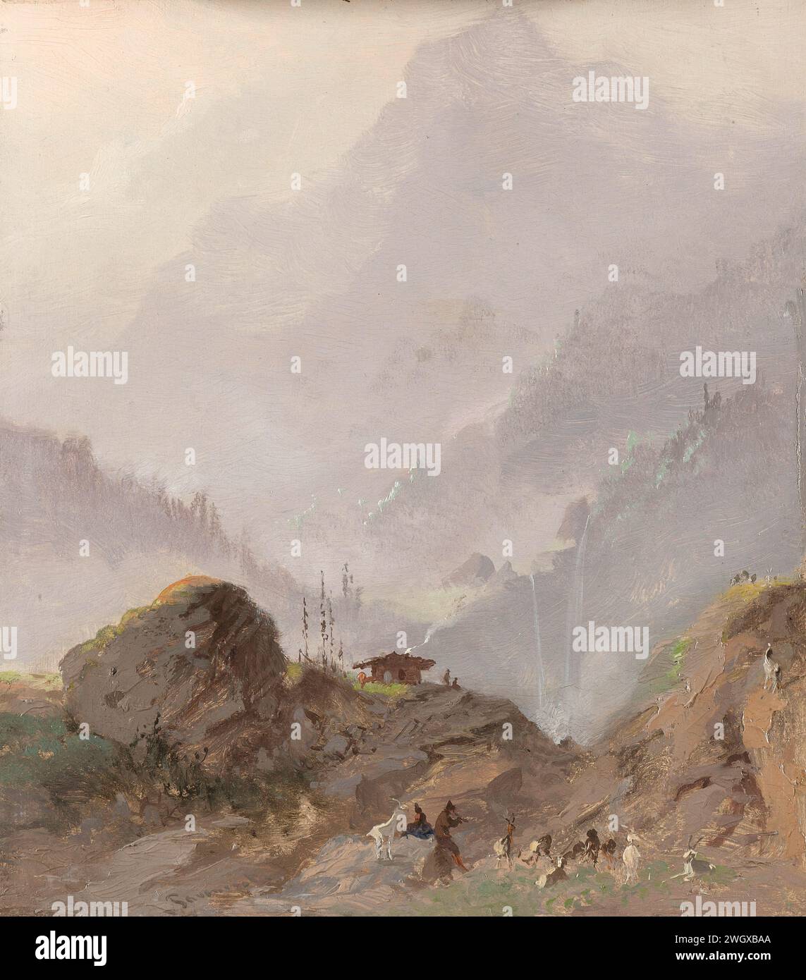 Paysage de montagne au Tyrol avec Chamois, Johannes Tavenraat, c. 1858 peinture paysage de montagne au Tyrol avec un berger avec des chèvres, une cascade au loin. panneau. Peinture à l'huile (peinture) montagnes Tyrol Banque D'Images