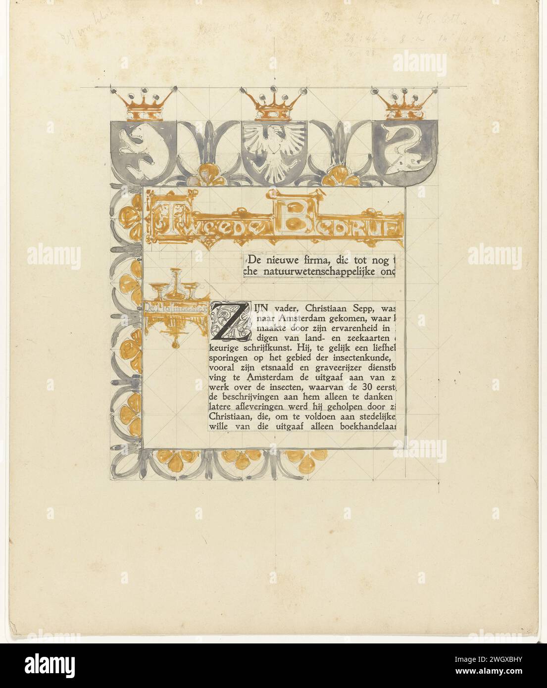 Dessin pour texte deuxième compagnie avec ornements, 1908 - 1937 dessin titre 'première compagnie', inscription 'de Hofmeester', et morceaux collés de texte imprimé d'un livre, dans un bord décoratif. Au sommet trois armes couronnées avec un ours, un aigle et un dauphin. Quelques lettres sont colorées. Dans le dossier avec 31 dessins de conception et croquis pour les illustrations. papier. pinceau crayon Banque D'Images