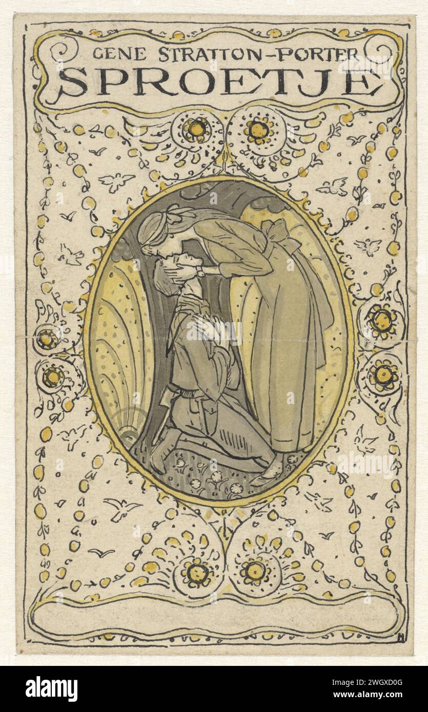 Girl Kiss pour son soldat anglais agenouillé, Albert Hahn (I), 1918 dessin Design pour une couverture de livre pour 'Sprattje' par Stratton-porter. papier. encre. Crayon / pinceau (STRATTON-PORTER, Sproetje) œuvres littéraires spécifiques (avec AUTEUR, titre) Banque D'Images