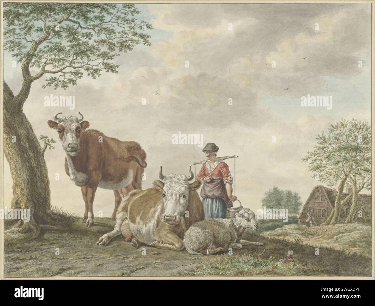 Milkmaid, Abraham Delfos, d'après Paulus Potter, 1793 papier à dessin. craie. milkmaid pinceau aquarelle (peinture). vache. mouton Banque D'Images