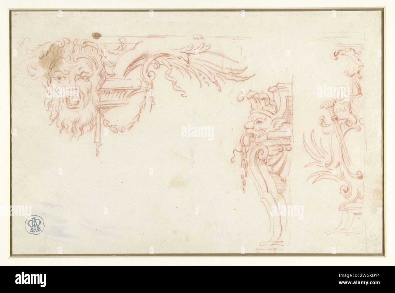 Trois détails de laisser Louis XIV interieur, Jean Baptiste de la Rose, c. 1675 - avant 1682 papier à dessin. masque de craie, mascaron  ornement Banque D'Images