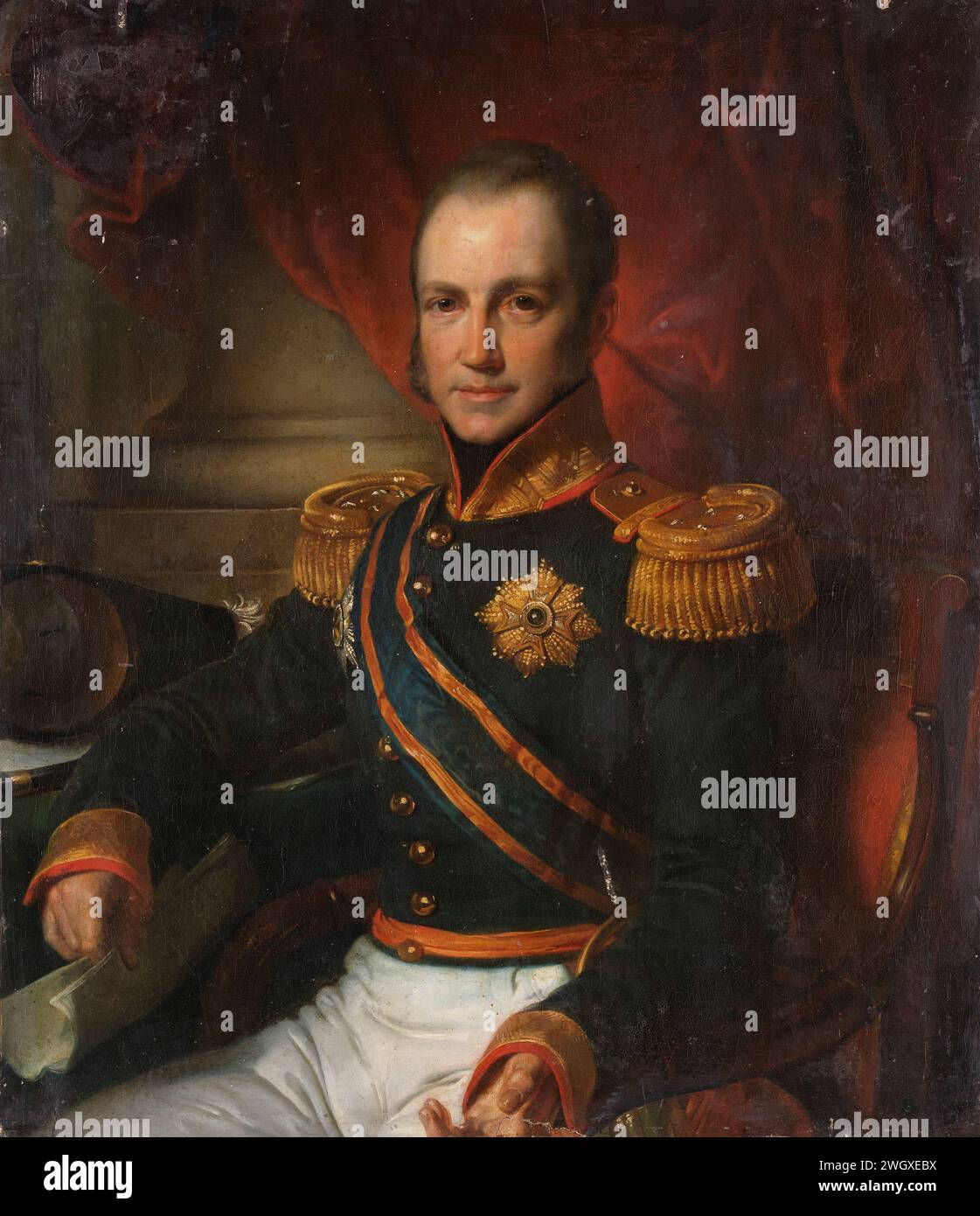 Portrait de GODART Alexander Gerador Philip, baron Van the Cavenral, gouverneur général des Indes orientales néerlandaises, Cornelis, 1816 - 1816 peinture Portrait de Godart Alexander Gerard Philip Baron van der Capellen (1778-1848). Gouverneur général (1816-26). Coupé en deux, assis sur une chaise. Dans le document dans la main droite, en faisant des gestes avec la main gauche. A gauche une table sur laquelle un commandosta et un point. Partie d'une série de portraits des gouverneurs généraux des anciennes Indes orientales néerlandaises. toile. panneau dur. peinture à l'huile (peinture) personnes historiques. gouverneur colonial Banque D'Images