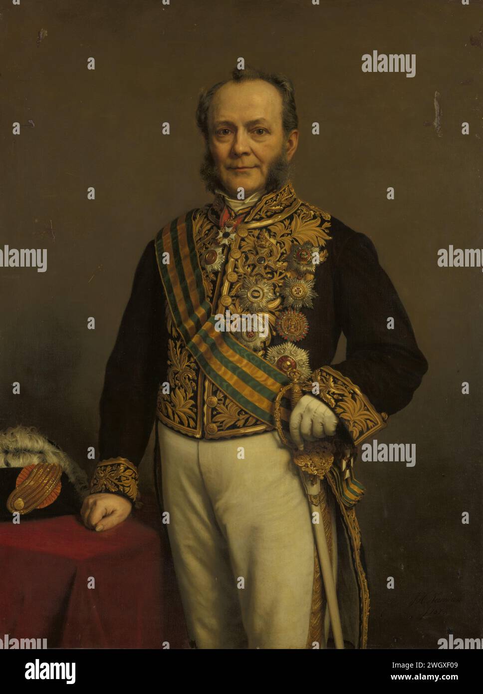 Pieter Mijer (1812-81) Gouverneur-général (1866-71), Johan Heinrich Neuman, 1874 peinture Portrait de Pieter Mijer (1812-81). Gouverneur général (1866-71). Genou, debout et visage. La main droite reposant sur une table sur laquelle repose la maille, la main gauche sur le caché de ses épées. Partie d'une série de portraits des gouverneurs généraux des anciennes Indes orientales néerlandaises. toile. peinture à l'huile (peinture) personnes historiques. gouverneur colonial Banque D'Images