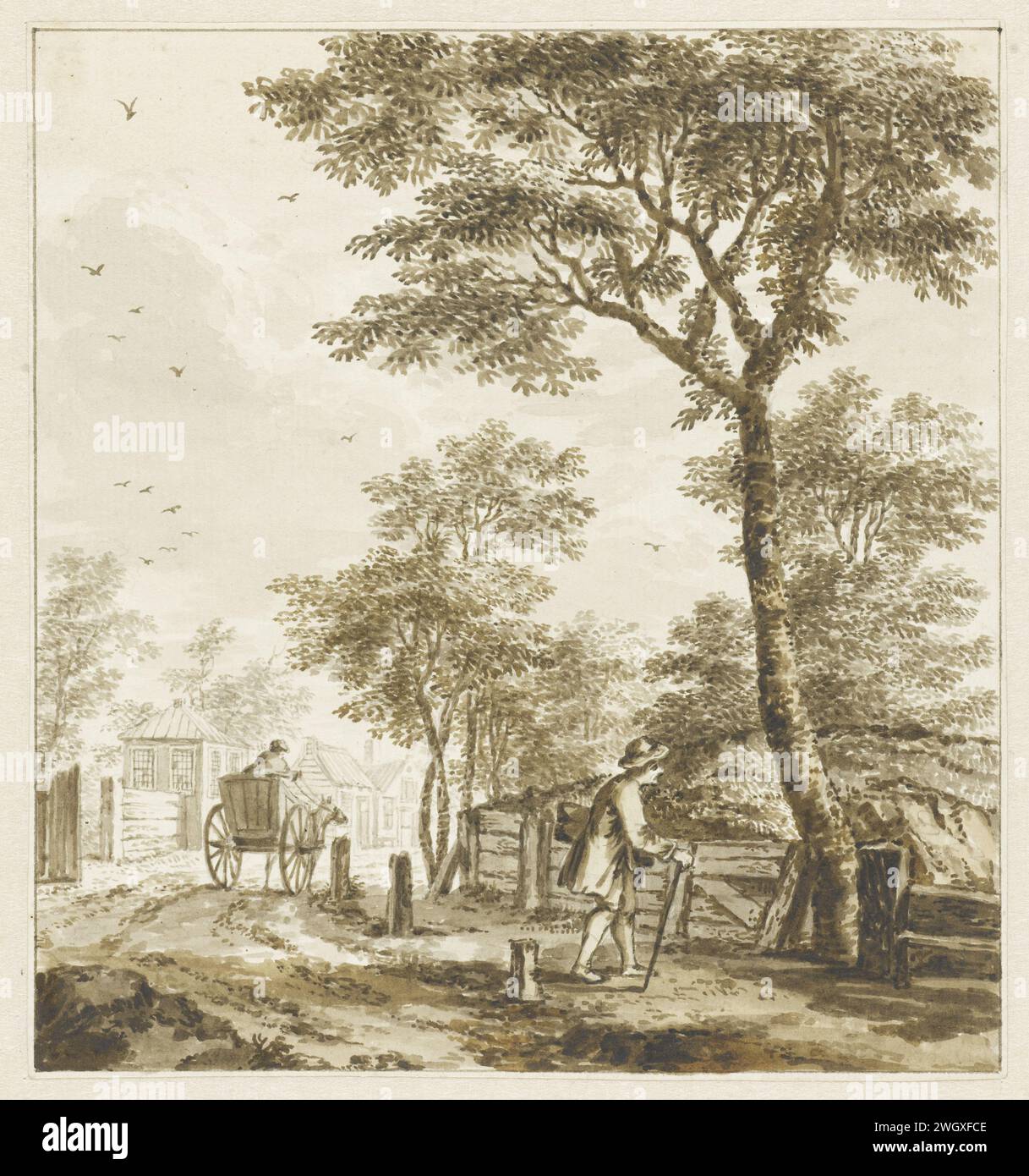 Paysage avec des figures et un cheval et une voiture, Bartholomeus Barbiers, après c. 1750 - 1808 dessin paysage avec des figures ; à gauche un cheval et une voiture. papier. graphite (minéral). stylo à encre / pinceau Banque D'Images