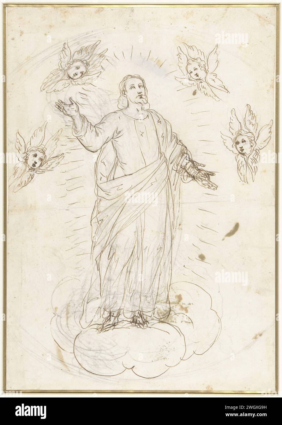 Ascension du Christ entouré de Cherubin, Alessandro Maganza, 1566 - 1640 papier à dessin. craie. Stylo à encre L'Ascension (Christ entouré de lumière rayonnante ou dans une mandorla) Banque D'Images