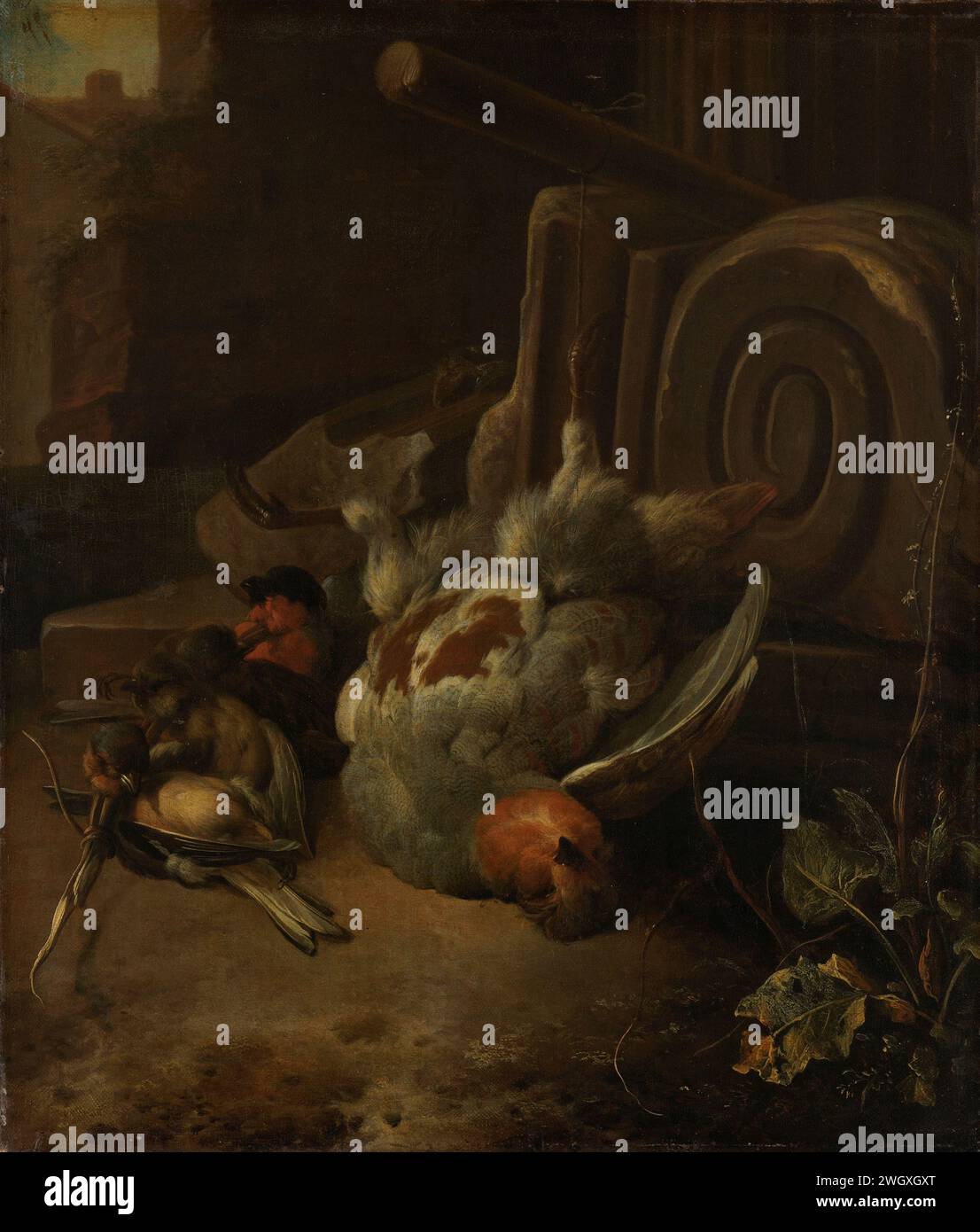 Oiseaux morts, Melchior d'Hondecoeter, c. 1660 - c. 1665 peignant Une perdrix et, de haut en bas, sont un orfèvre, deux moineaux de maison et un donjon (Fringilla Montifringilla) liés par une branche contre un socle de pierre sur lequel se trouve une console tombée d'une ruine antique. toile. peinture à l'huile (peinture) fowling, fowler. butin de la chasse, du gibier, de la venaison. oiseaux. denrées alimentaires ; nature morte des denrées alimentaires Banque D'Images