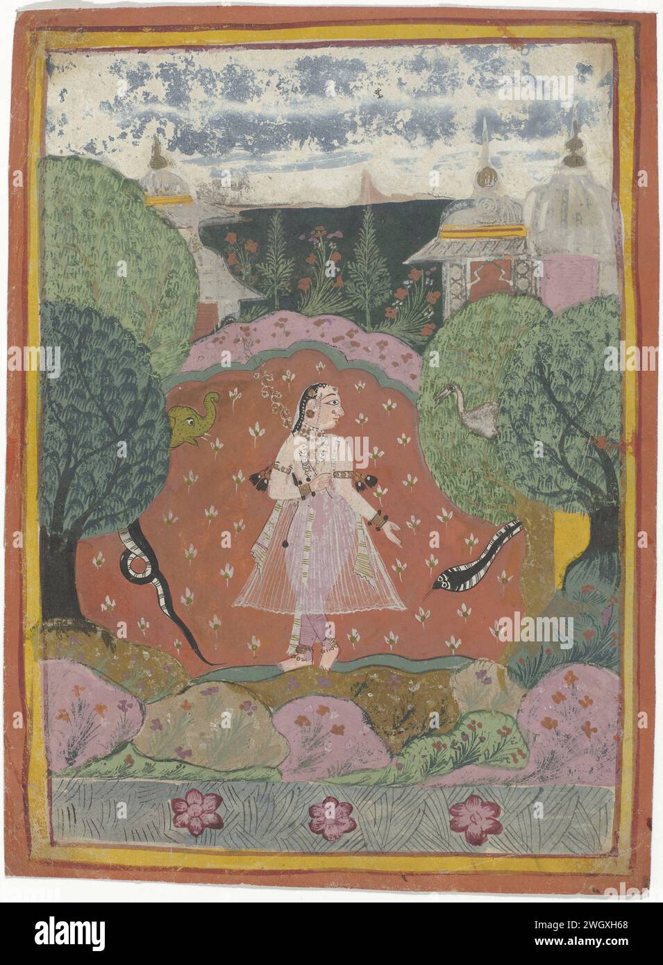 Asavari Ragani (?), Anonyme, 1710 - 1730 miniature indienne. Dessiner Une femme dans un paysage, autour de ses serpents et oiseaux. Pour afficher deux bords étroits en jaune et rouge. Pinceau à papier de l'Inde centrale Banque D'Images