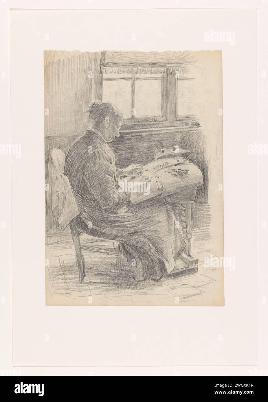 Dentelle -Klossende Vrouw, Martinus van Regteren Altena, 1906 dessin papier utilisé. fabrication de lacets pour crayons Banque D'Images