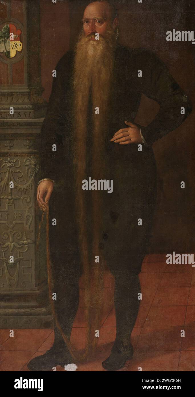 Portrait de Pieter Dircksz, appelé Barbe longue, membre du conseil de la Chambre orpheline à Edam, Aert Pietersz. (Attribué à), 1583 peinture Portrait de Pieter Dircksz (1528-1606), appelé Langbaard ou Langebaard, Weesmeester van Edam. Debout, avec la main droite l'extrémité de la barbe persistante, la main gauche sur le côté. Sur la gauche une colonne avec un sous-sol décoré de roulage, de festons et de rubans ; en haut de la crête familiale. toile. peinture à l'huile (peinture) personnes historiques. personne avec une grande barbe. barbe Banque D'Images