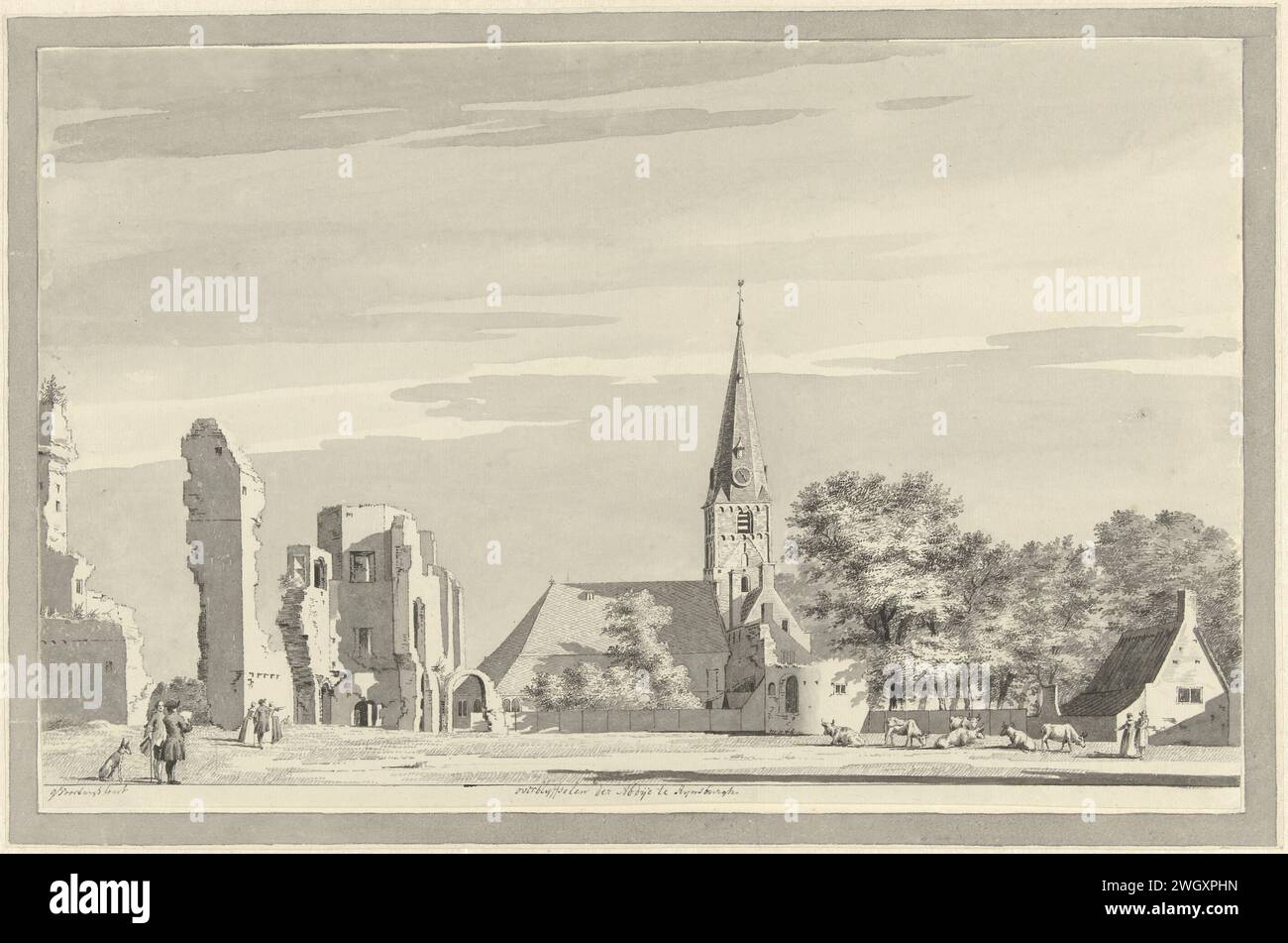 Les ruines de l'abbaye de Rijnsburg, Gerrit Toorenburgh, 1742 - 1785 papier à dessin. stylo à encre / brosse ruine de l'église, monastère, etc Rijnsburg Banque D'Images