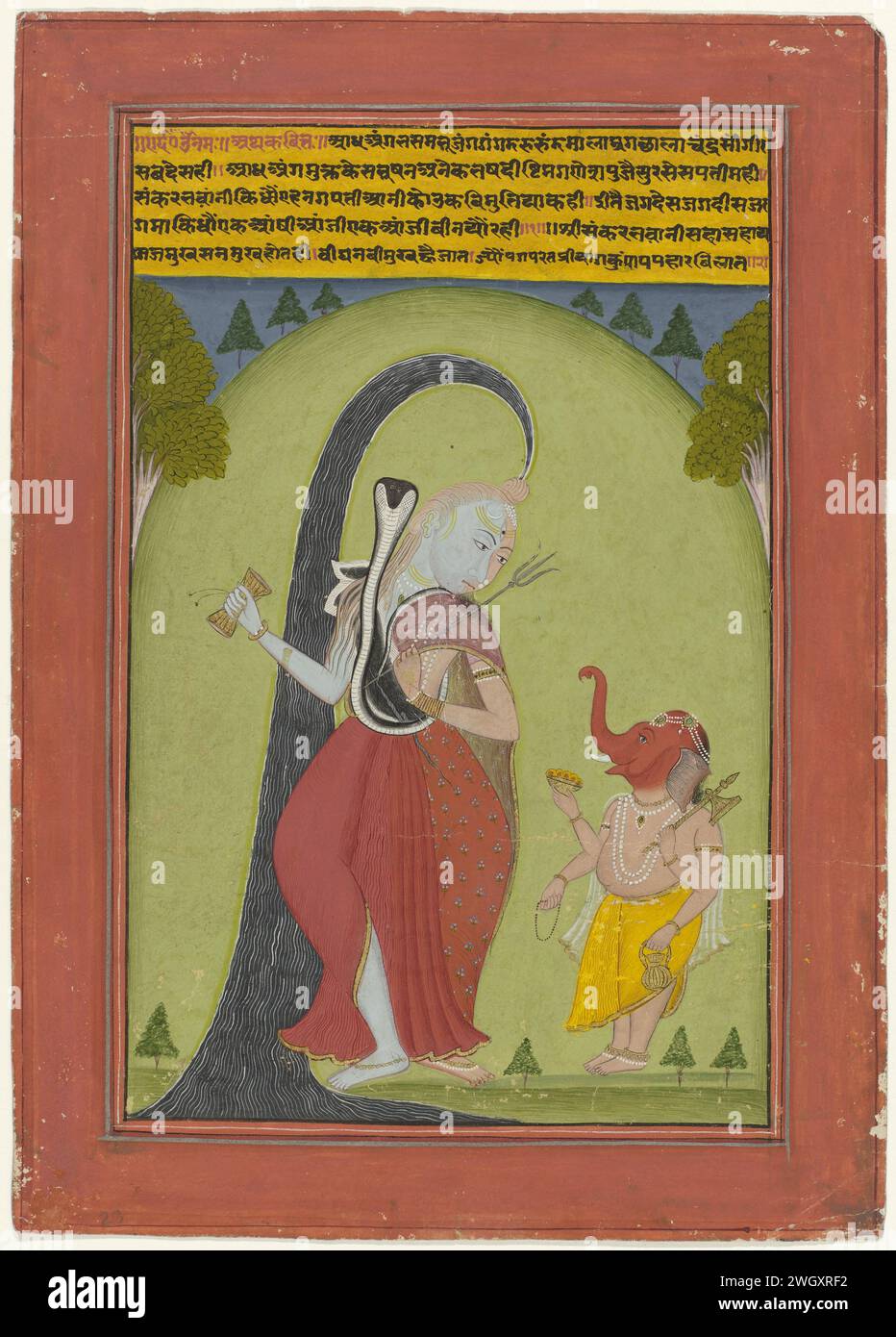 Shiva Ardhanarisvara, Anonyme, 1795 - 1805 miniature indienne. Dessin Shiva sous la forme d'Ardhanarisvara, mi-homme, mi-femme, avec un cobra autour de sa taille ; le Gange se lève de la tête ; Ganesha est à droite, avec la tête d'éléphant rouge et quatre bras. Le spectacle est encadré par un bord rouge et des lignes de cadre blanches, noires et argentées, au sommet des cinq lignes de texte en lettres indiennes noires et rouges sur fond jaune. Pinceau à papier / pinceau de l'Inde centrale Banque D'Images