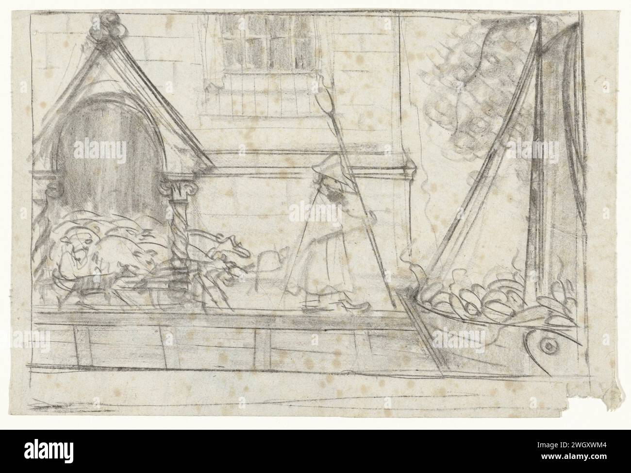 Design publicitaire de Nutrix Geschuit, Gerrit Willem Dijsselhof, 1876 - 1924 dessin design publicitaire de Nutrix rusk " la voiture creuse bolle " : une église pleine de moutons, une barge pleine de navets. papier. publicité à la craie. (autres) noms historiques Banque D'Images