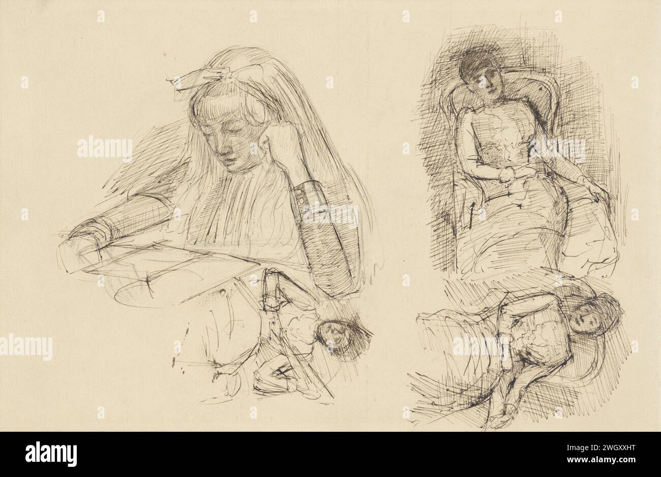 Quatre études sur les femmes, assise et lecture, Jozef Israëls, 1834 - 1911 dessin papier. encre. lecture au craie Banque D'Images