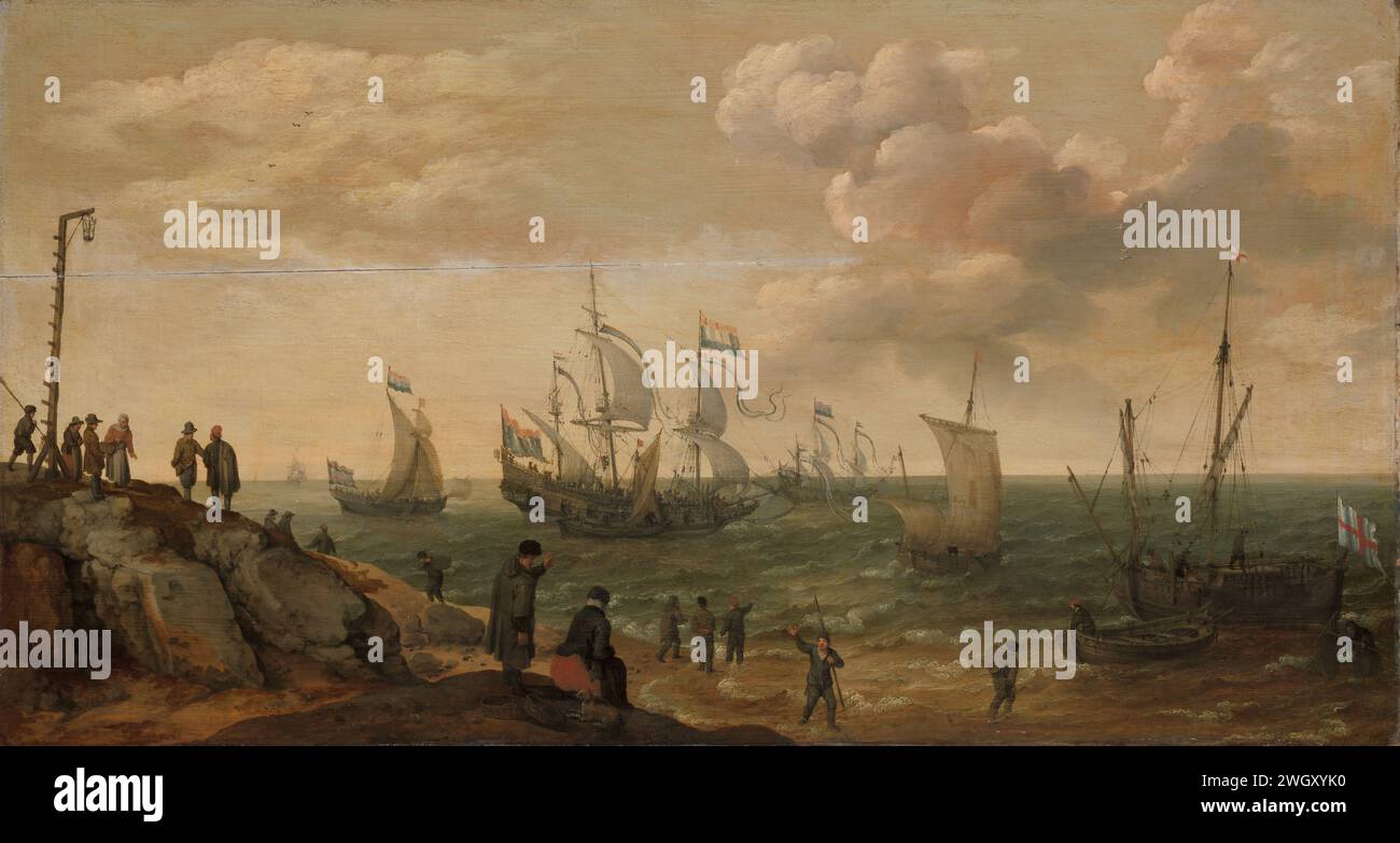 Navires au large d'une côte, Adam Willaerts, 1628 peinture Beach face avec quelques navires hollandais au large de la côte. Sur la côte une balise et plusieurs figures. panneau. peinture à l'huile (peinture) voilier, voilier. côte rocheuse. balise Banque D'Images