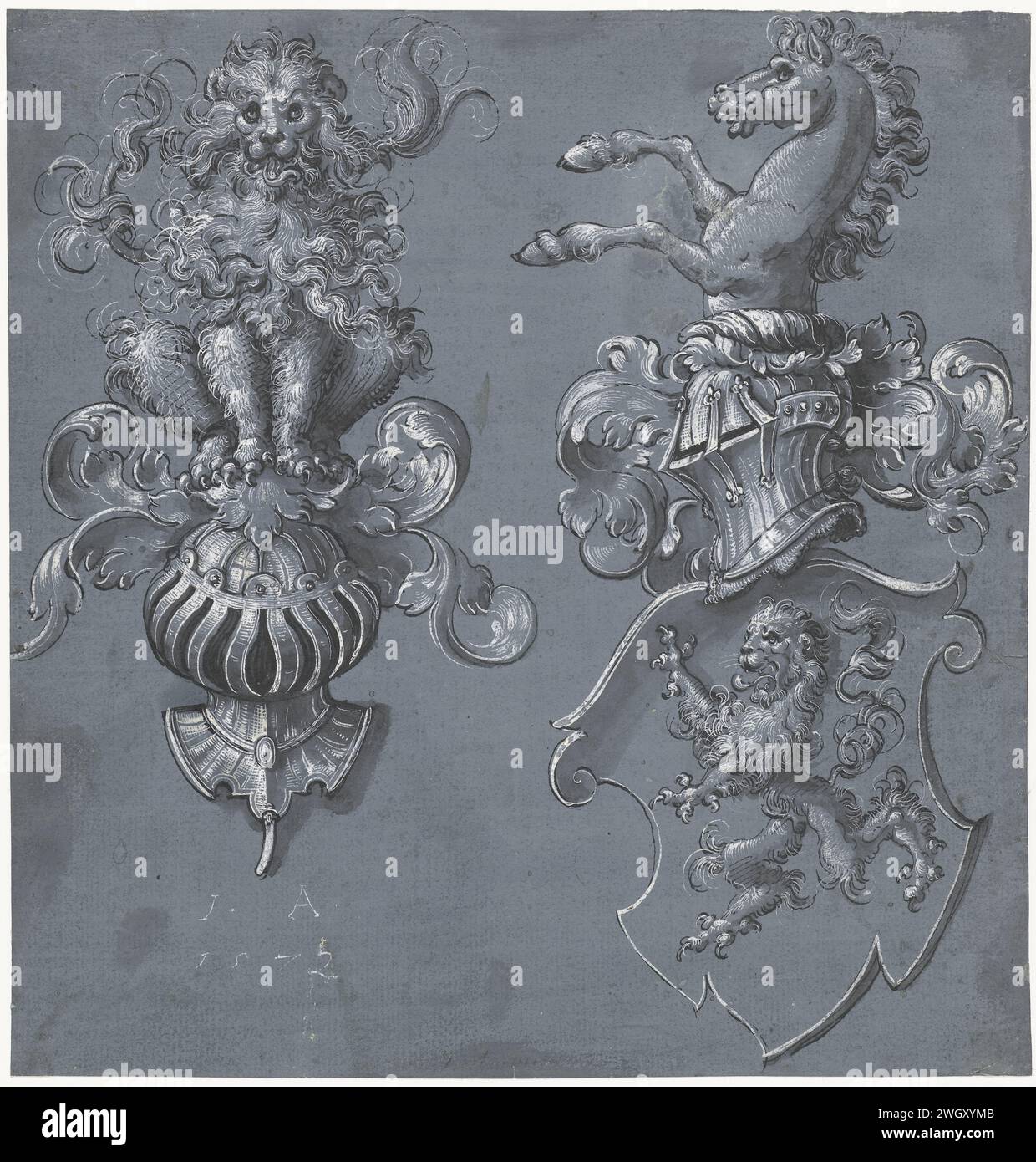 Signe Jost Manteau d'armes, Jost Amman, 1572 tapis de casque de dessin et lion ...