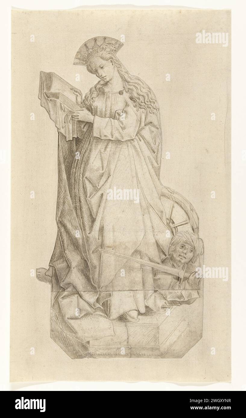 Sainte Catharina, maître de Flémalle (copie d'après), c. 1450 dessinant la Sainte Catharina sur un piédestal. Stylo à encre la vierge martyr Catherine d'Alexandrie ; attributs possibles : livre, couronne, empereur Maxence, branche de palmier, bague, épée, roue Banque D'Images