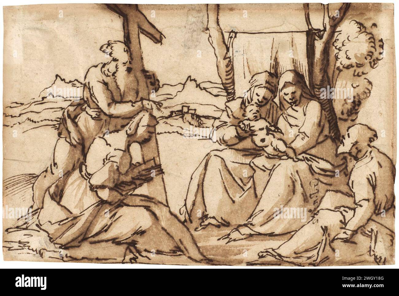 Attribué à Palma il Vecchio - Madonna et enfant avec équipé Anne,. Joseph assis à droite, et deux autres saints à gauche, lot 7. Banque D'Images